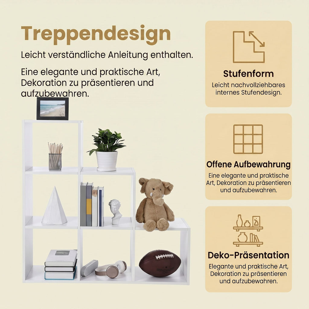 Bücherregal mit 6 Fächern, Regal offen, Stufenregal