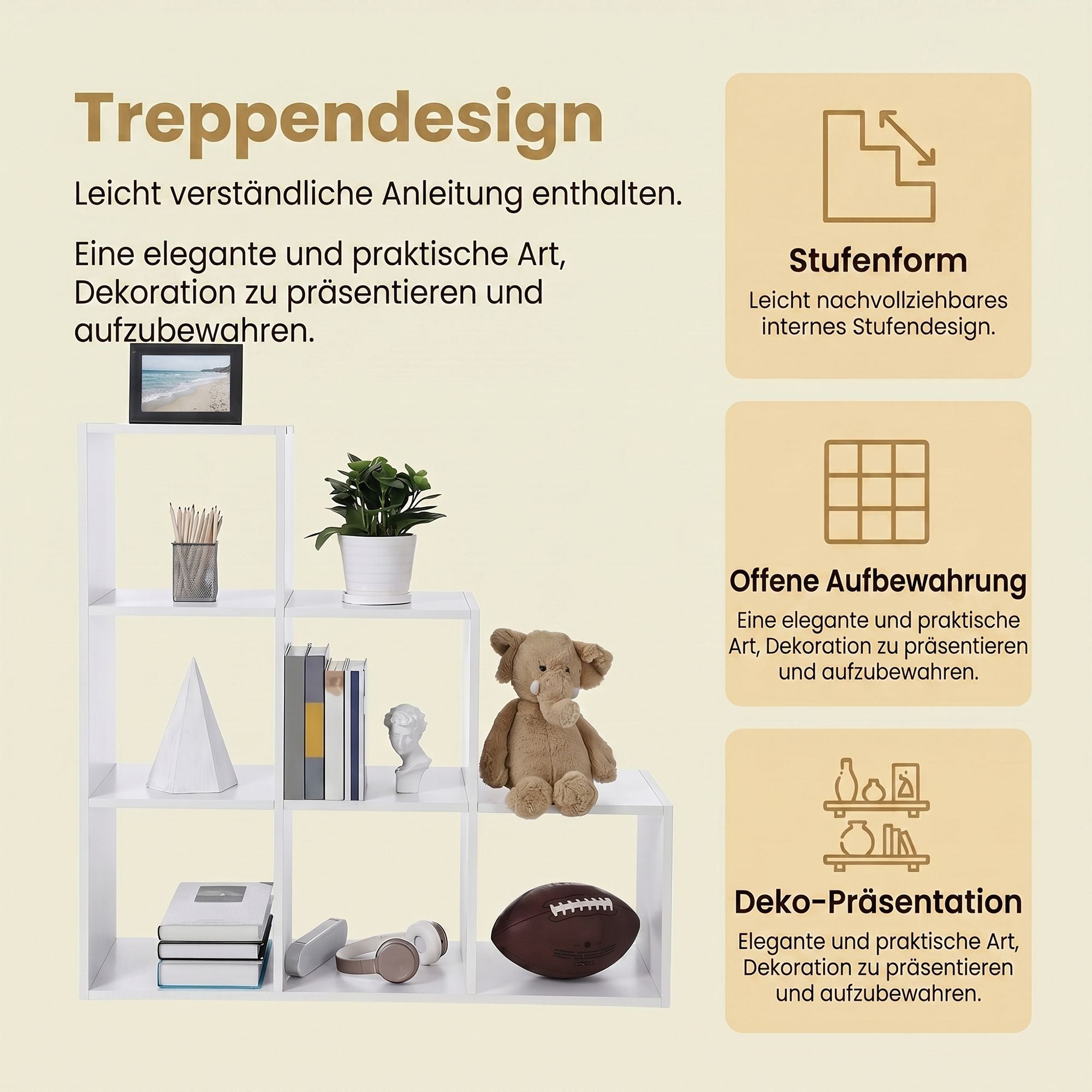 Bücherregal mit 6 Fächern, Regal offen, Stufenregal