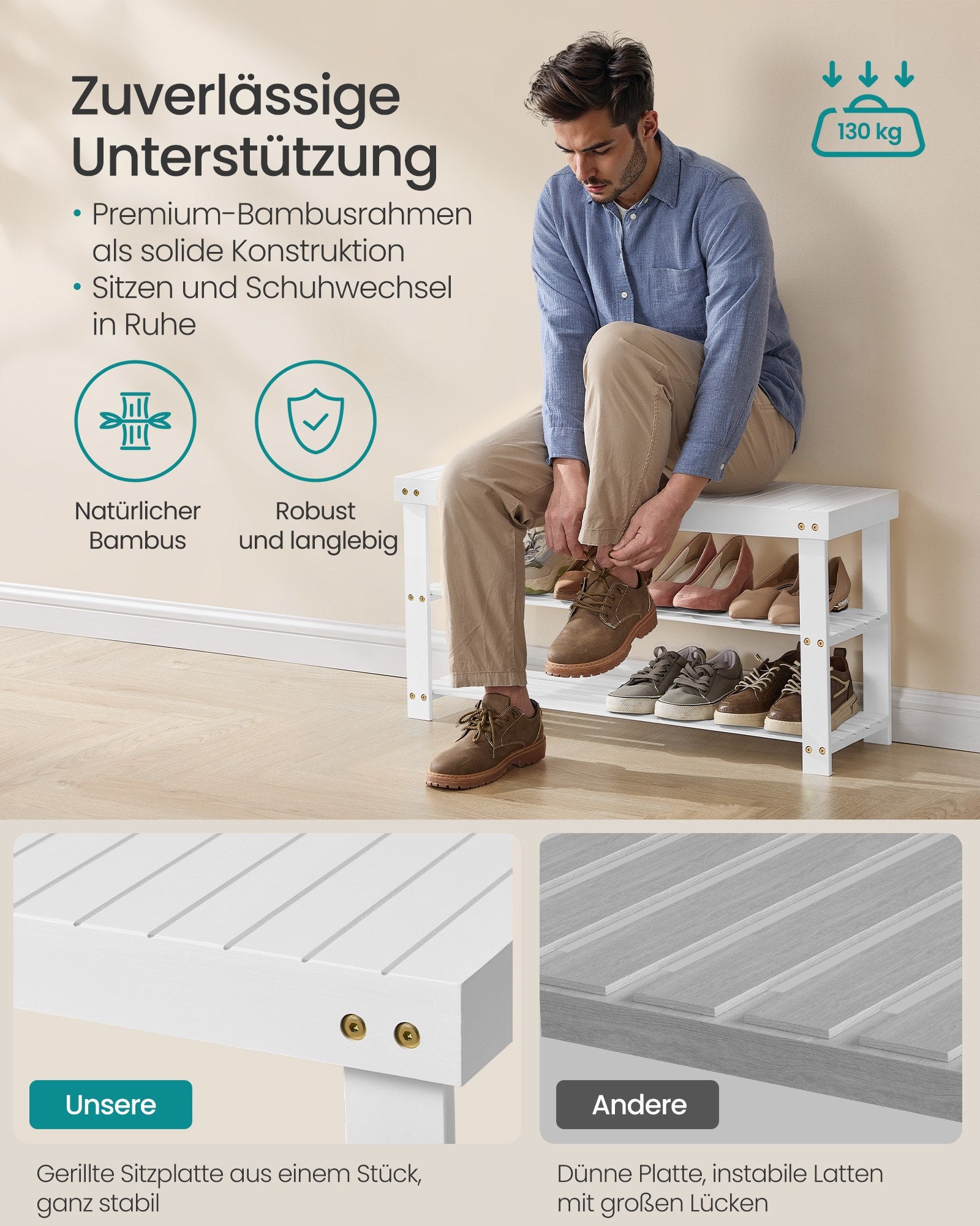 Schuhbank Bambus wolkenweiß 3 Ebenen 90x45,3 cm
