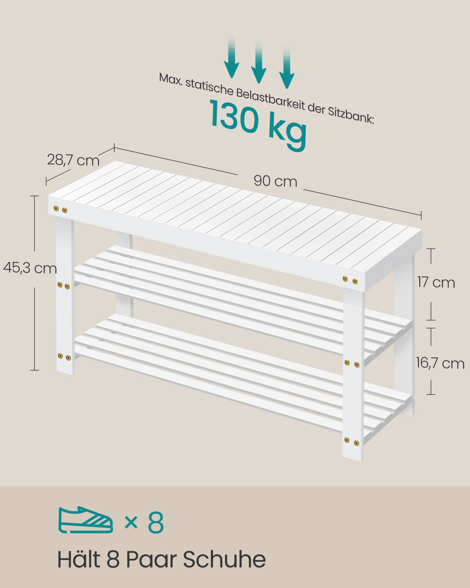 Schuhbank Bambus wolkenweiß 3 Ebenen 90x45,3 cm