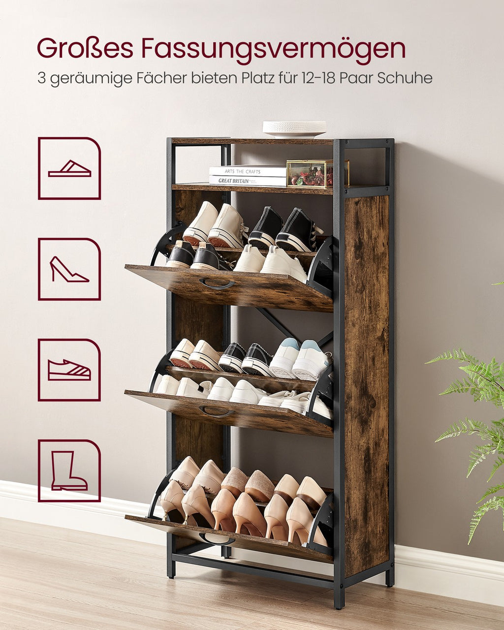 Schuhschrank Schuhregal mit 3 Klappen 30 x 60 x 130 cm vintagebraun-schwarz