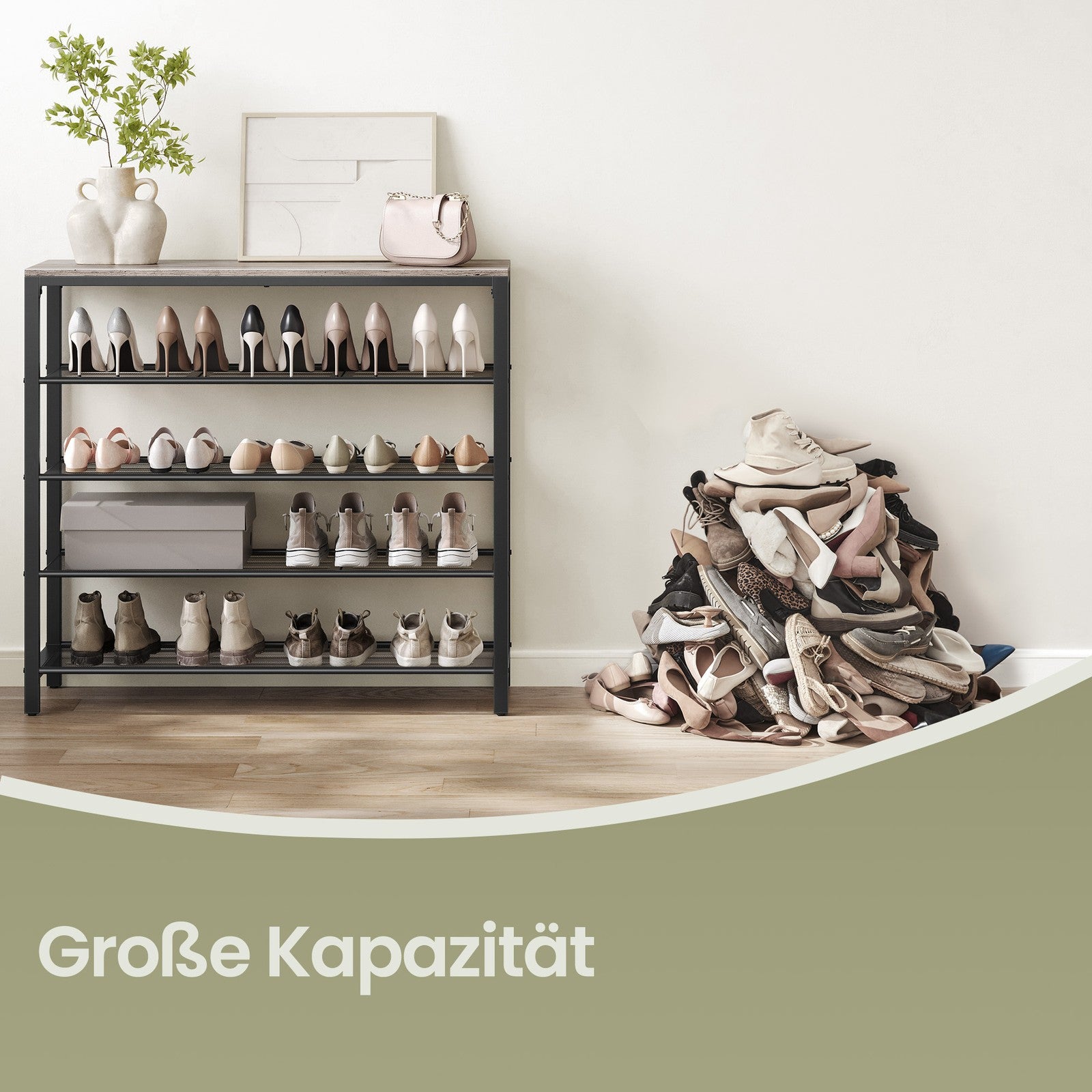 Schuhregal, Schuhablage mit 4 Gitterebenen und großzügiger Oberfläche für Taschen, Eingangsbereich