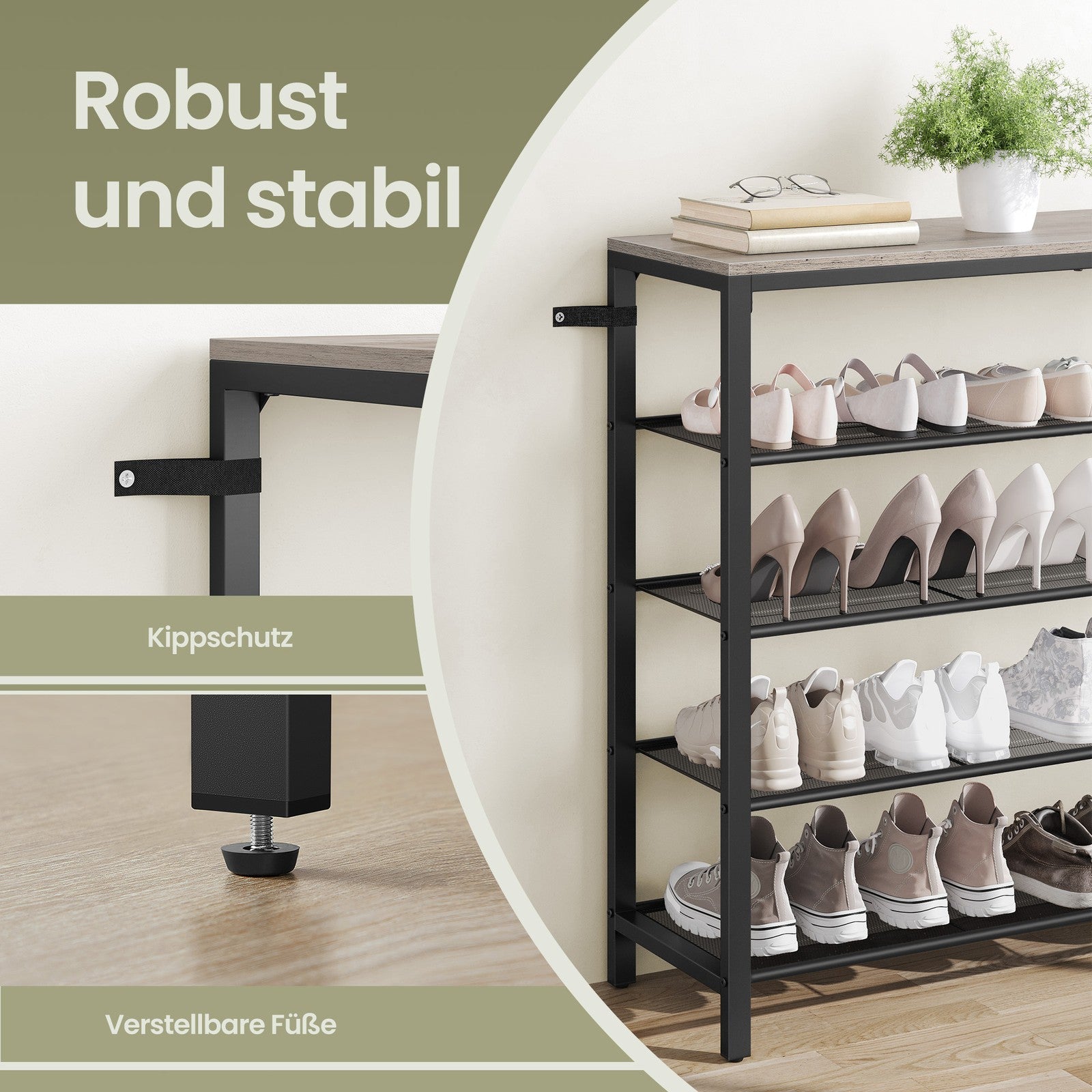 Schuhregal, Schuhablage mit 4 Gitterebenen und großzügiger Oberfläche für Taschen, Eingangsbereich