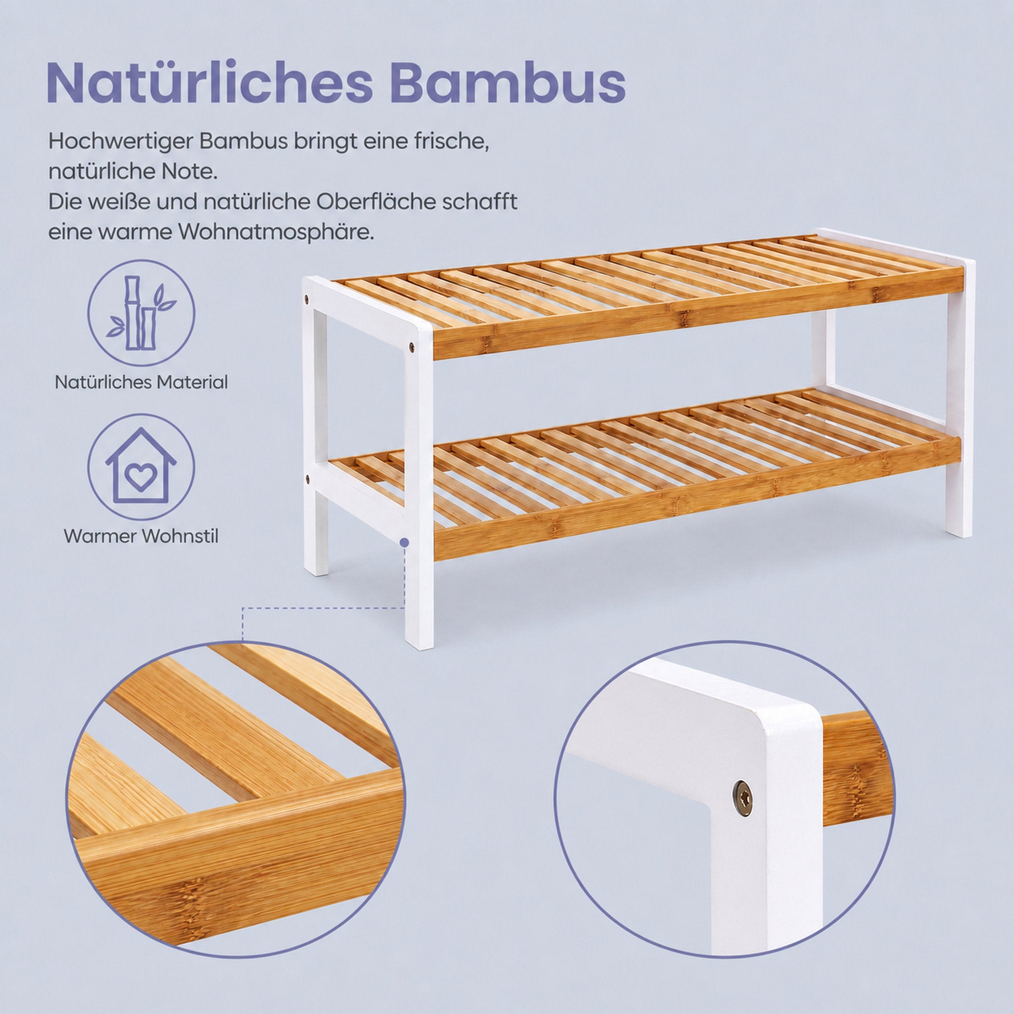 Schuhregal aus Bambus mit 2 Ebenen weiß-naturfarben