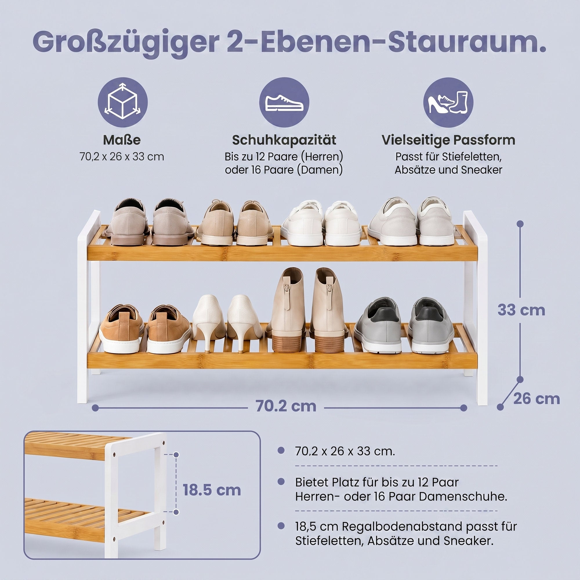 Schuhregal aus Bambus mit 2 Ebenen weiß-naturfarben