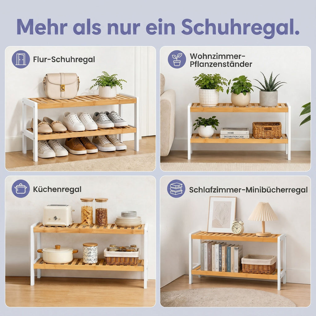 Schuhregal aus Bambus mit 2 Ebenen weiß-naturfarben