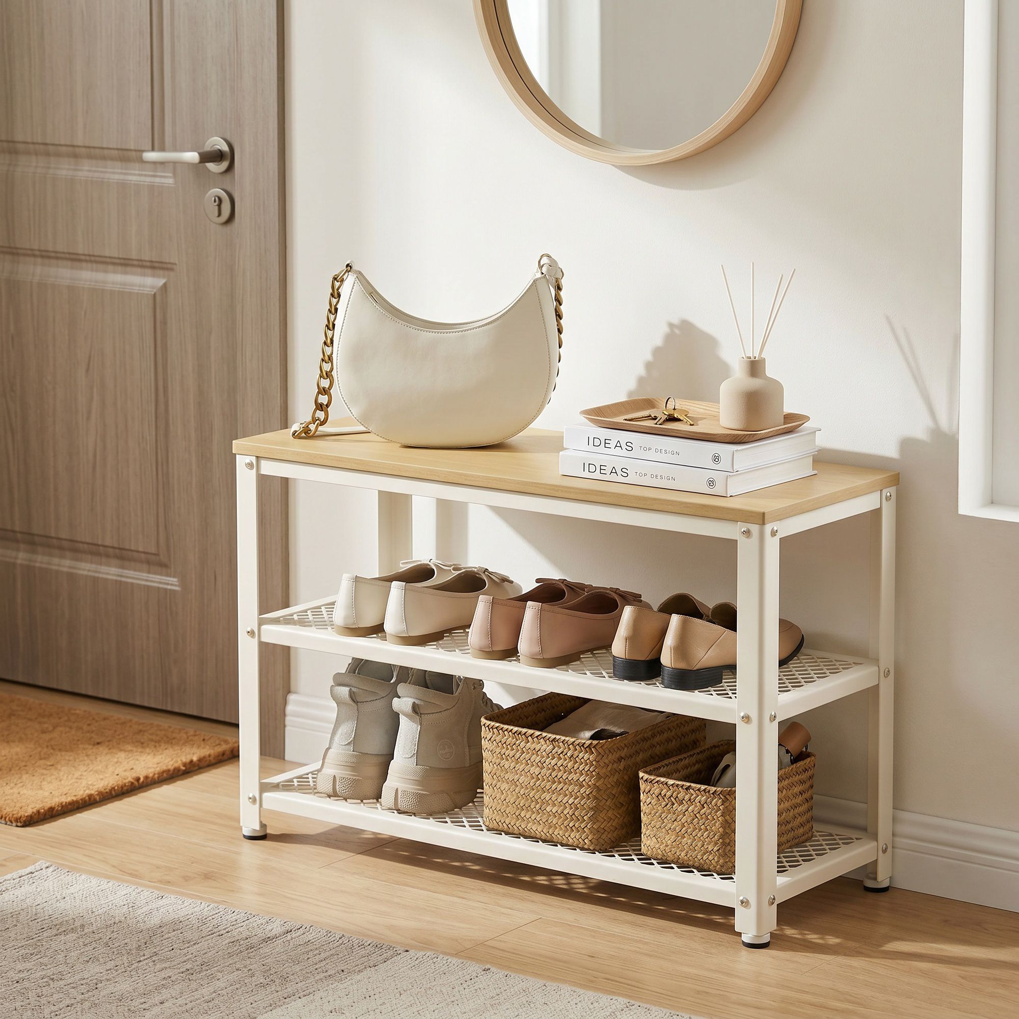 Schuhbank mit 2 Gitterablagen, Schuhregal, 30 x 73 x 45 cm