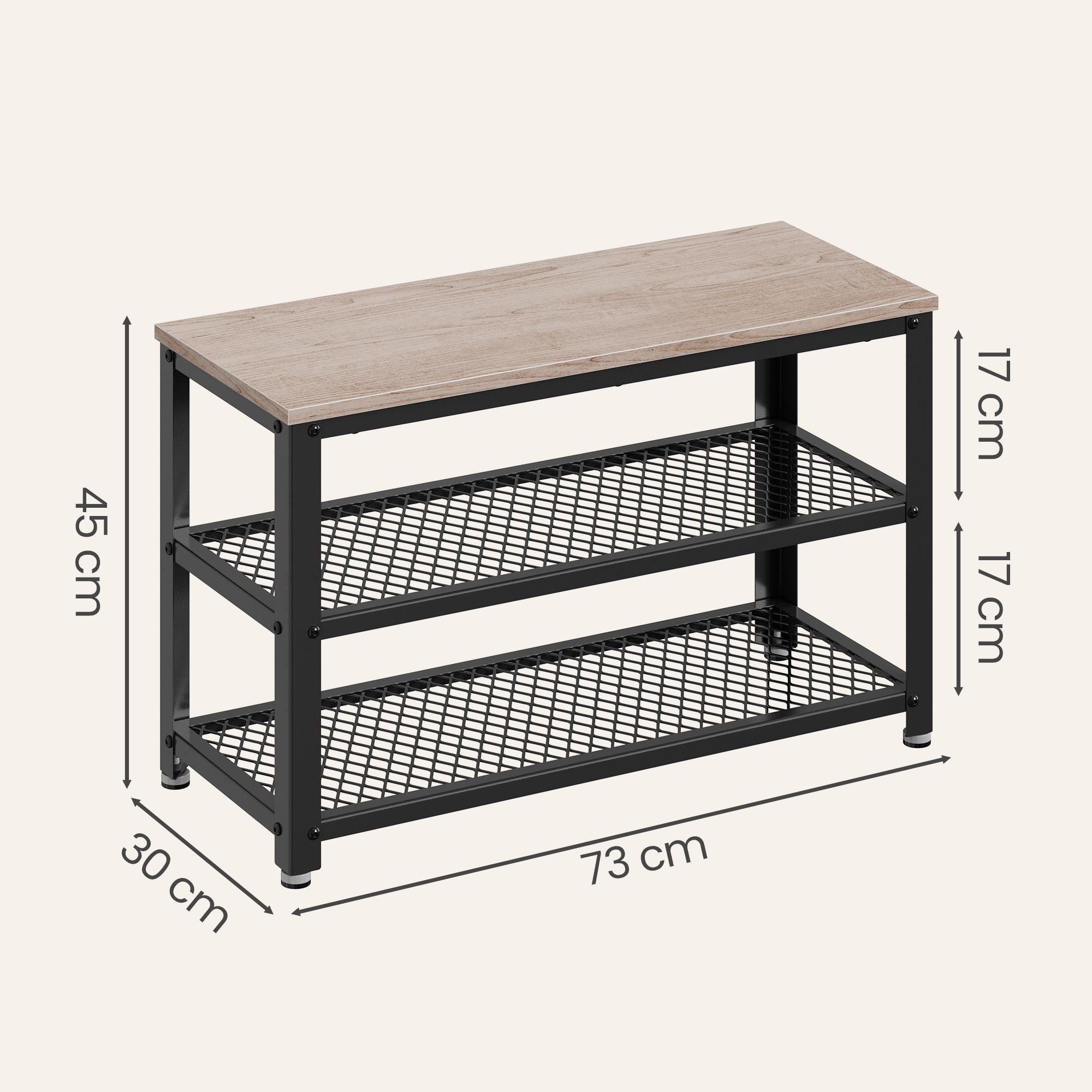 Schuhbank mit 2 Gitterablagen, Schuhregal, 30 x 73 x 45 cm