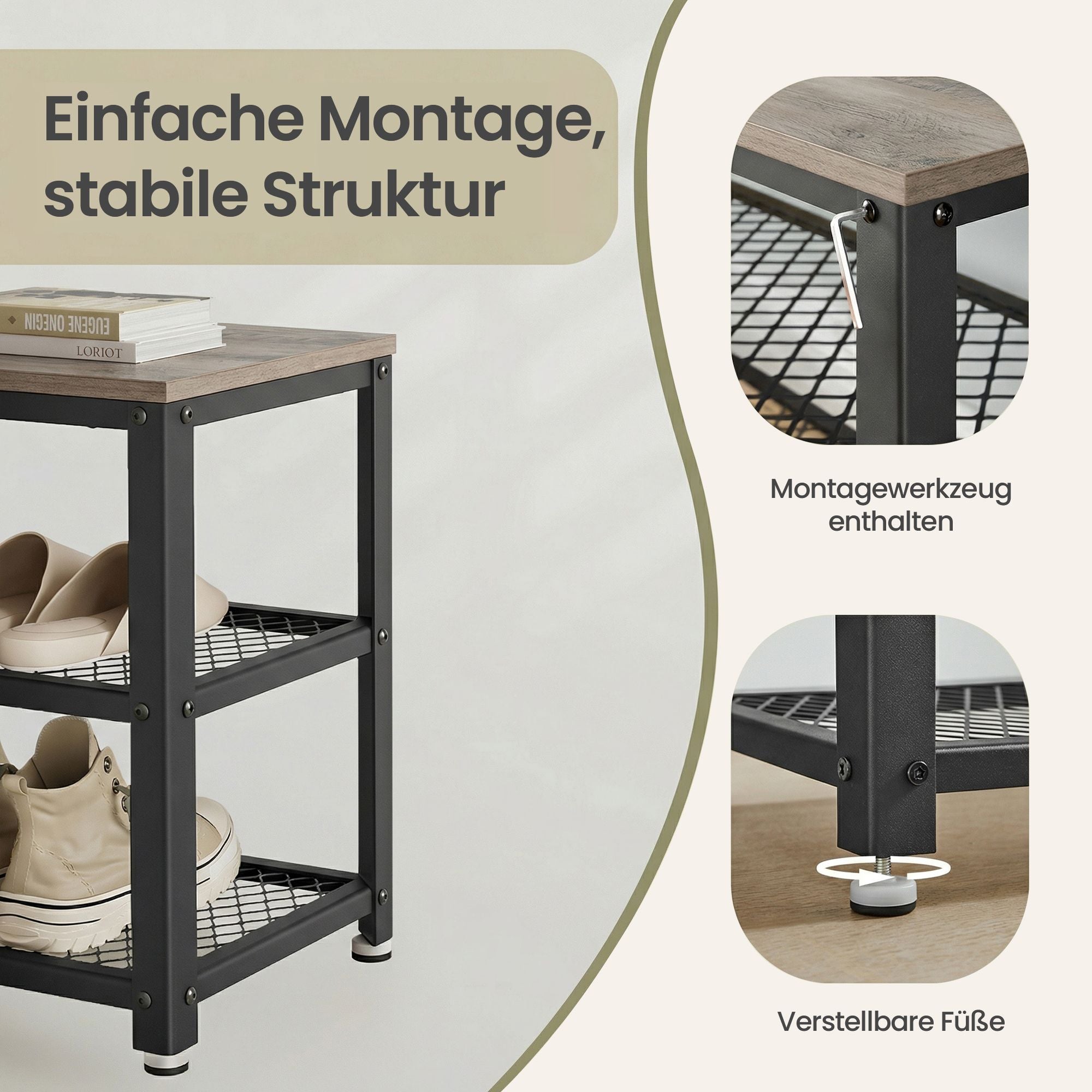 Schuhbank mit 2 Gitterablagen, Schuhregal, 30 x 73 x 45 cm