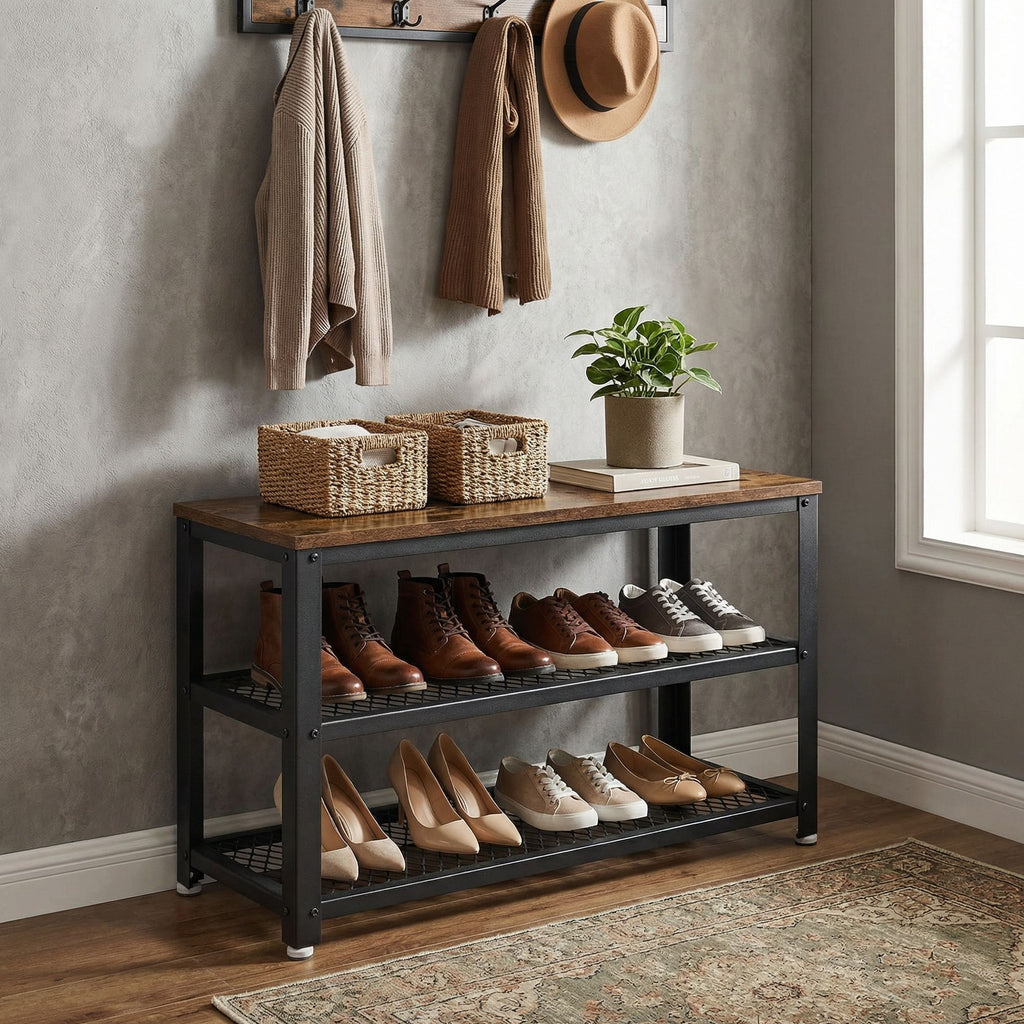 Schuhbank mit 2 Gitterablagen, Schuhregal, 30 x 73 x 45 cm