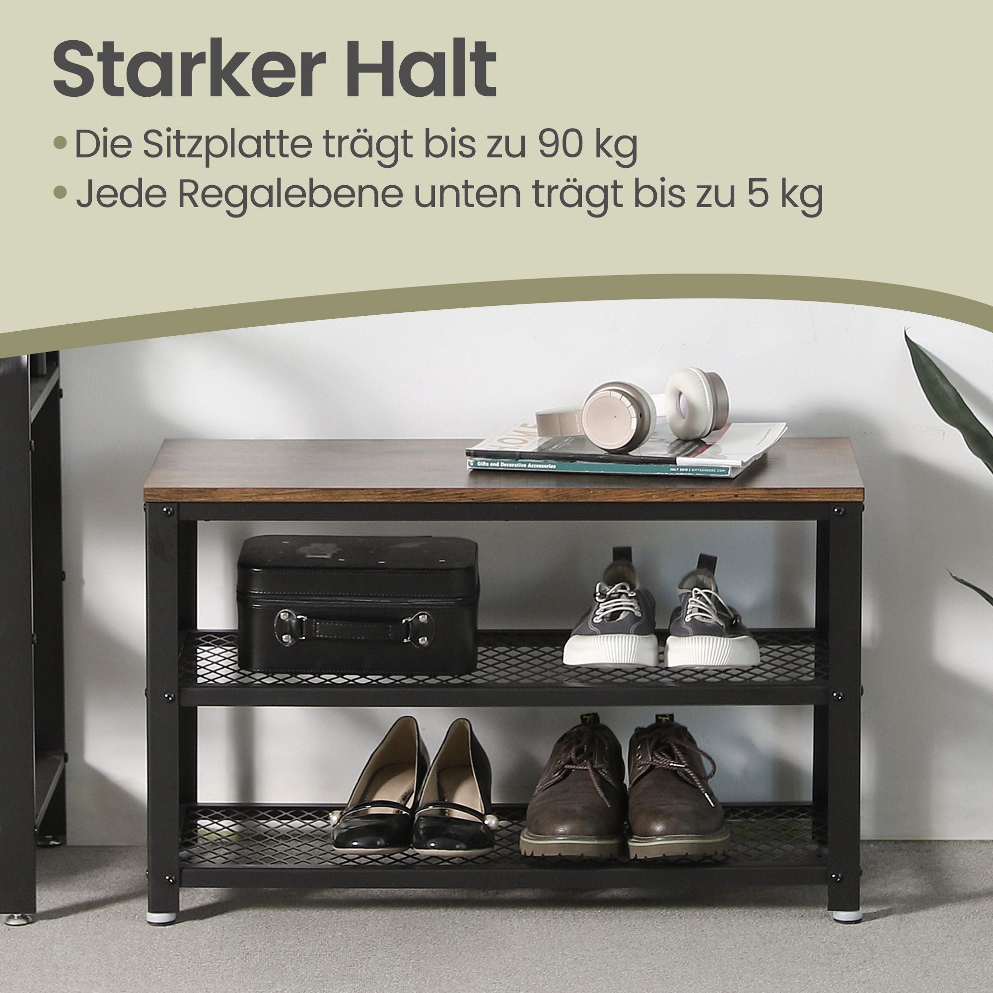 Schuhbank mit 2 Gitterablagen, Schuhregal, 30 x 73 x 45 cm