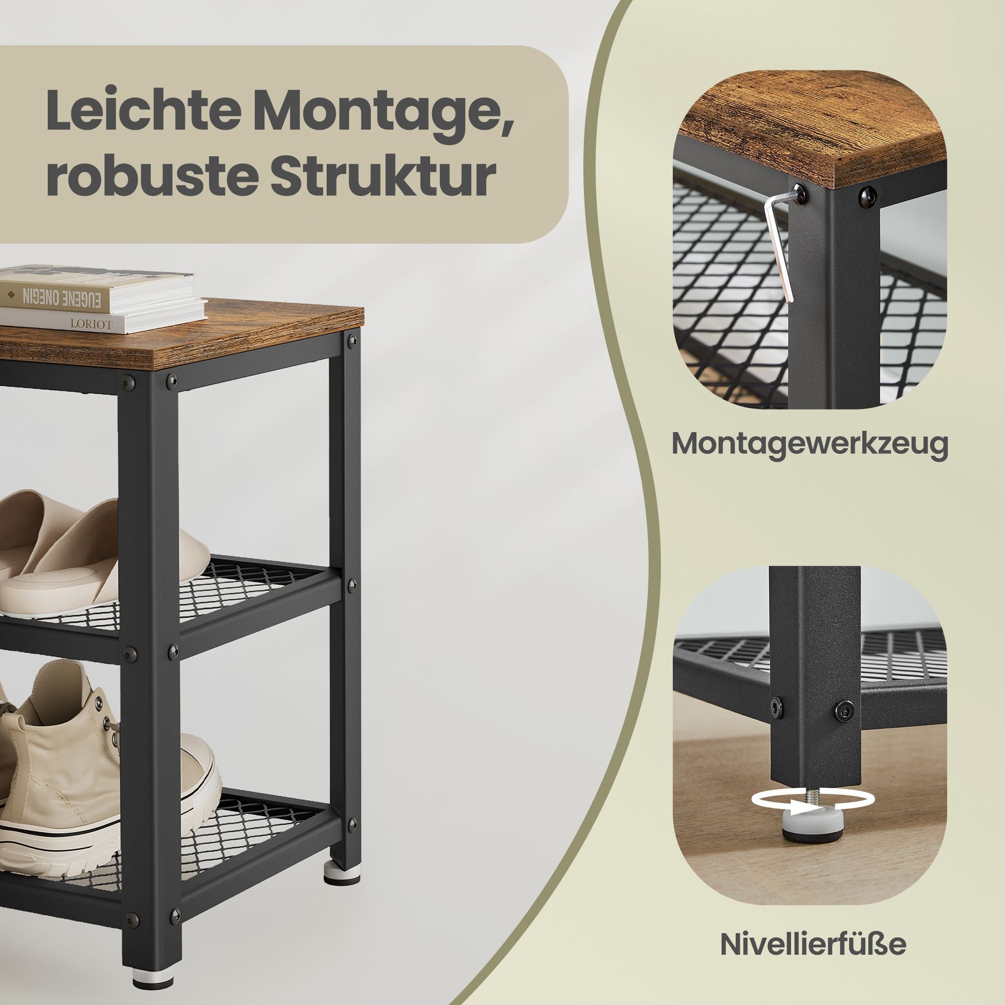 Schuhbank mit 2 Gitterablagen, Schuhregal, 30 x 73 x 45 cm