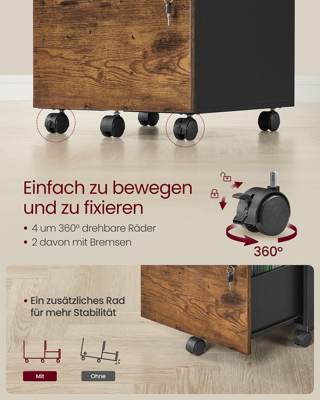 Rollcontainer abschließbar mit 2 Schubladen und 5 Rollen