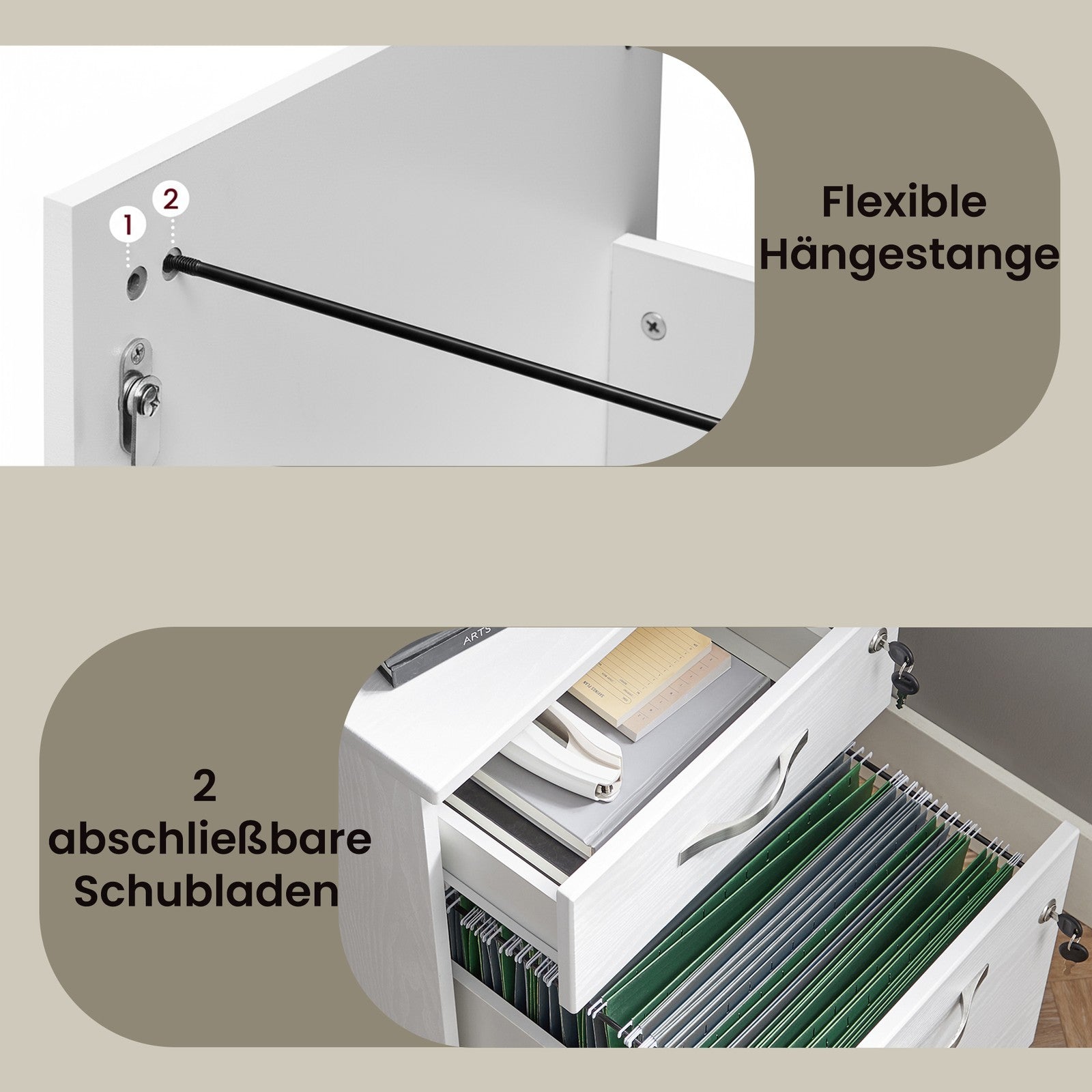 Aktenschrank mit 2 abschließbaren Schubladen, Büro Schubladenschrank, für Arbeitszimmer