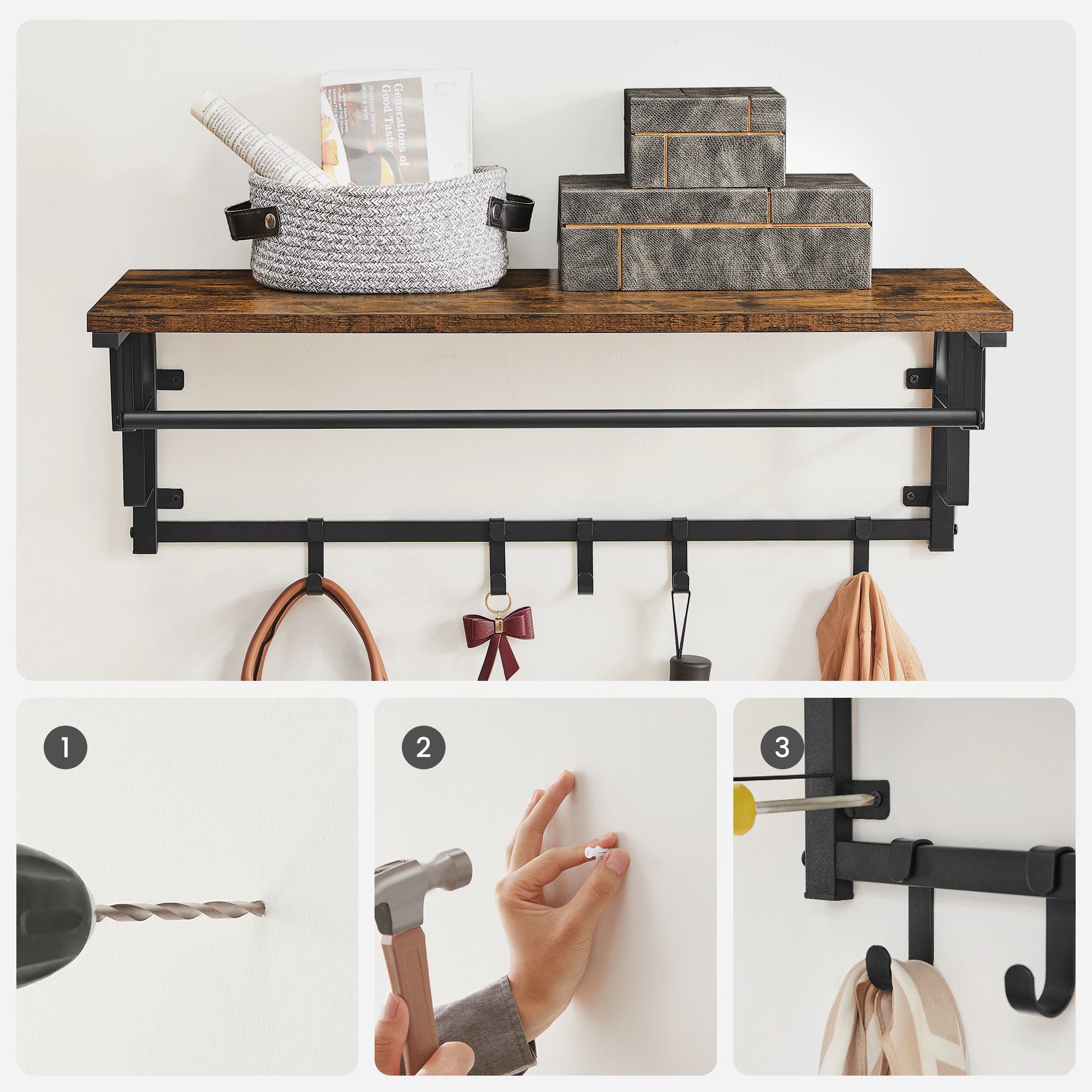 Wandgarderobe mit 5 abnehmbaren Haken