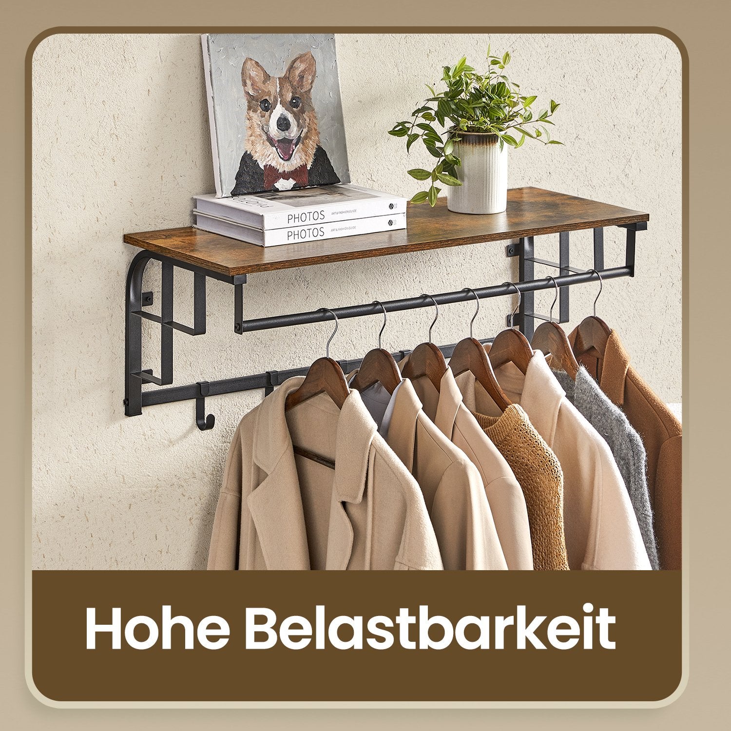 Wandgarderobe mit Aufbewahrungsregal, Wandregal, Hängeregal mit Kleiderstange