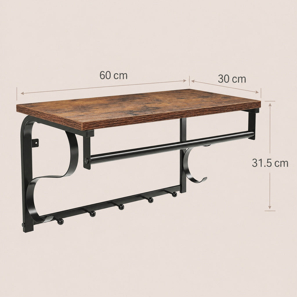 Wandgarderobe, Wandregal mit 5 Haken und Ablage, Hakenleiste mit Hängestange