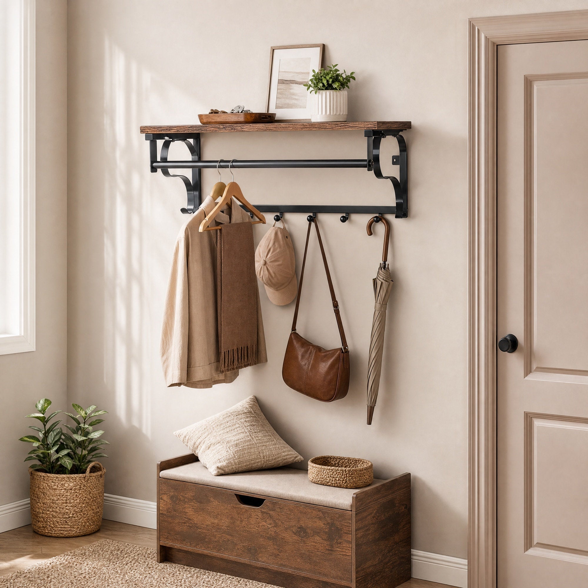 Wandgarderobe, Wandregal mit 5 Haken und Ablage, Hakenleiste mit Hängestange