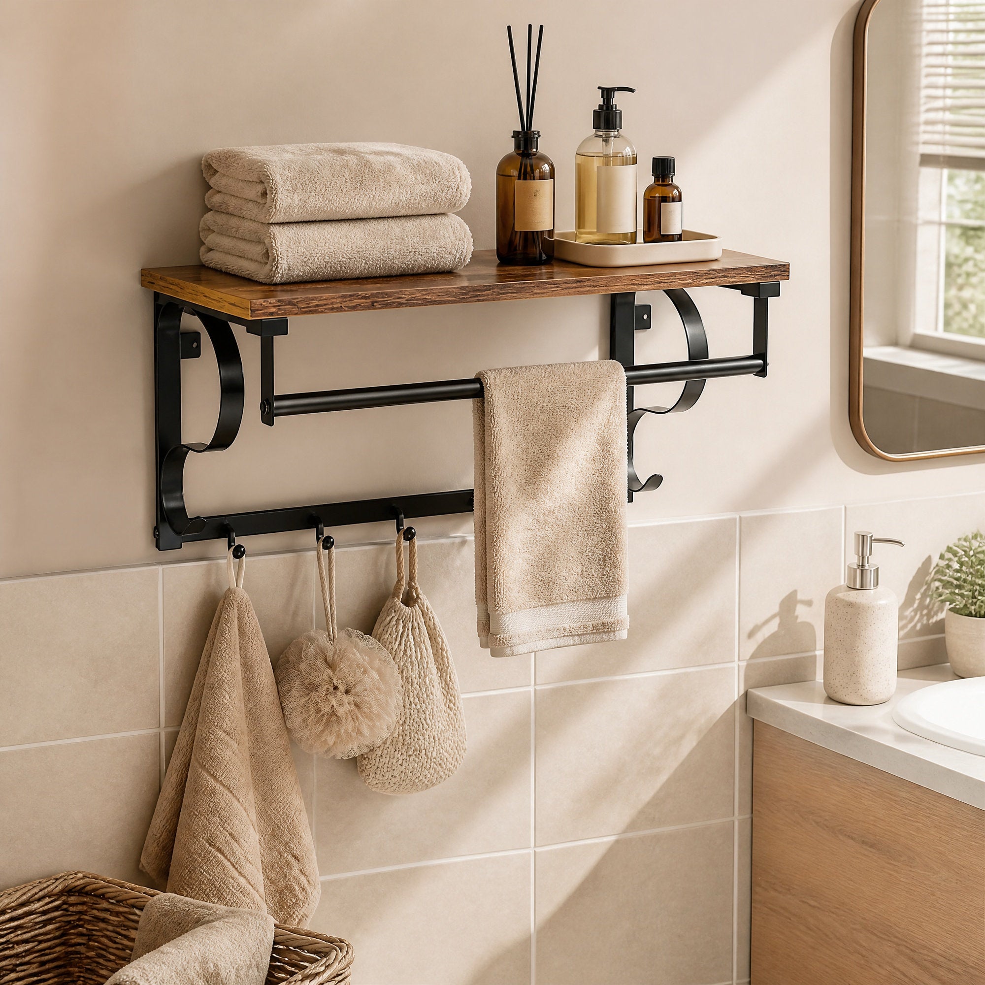 Wandgarderobe, Wandregal mit 5 Haken und Ablage, Hakenleiste mit Hängestange