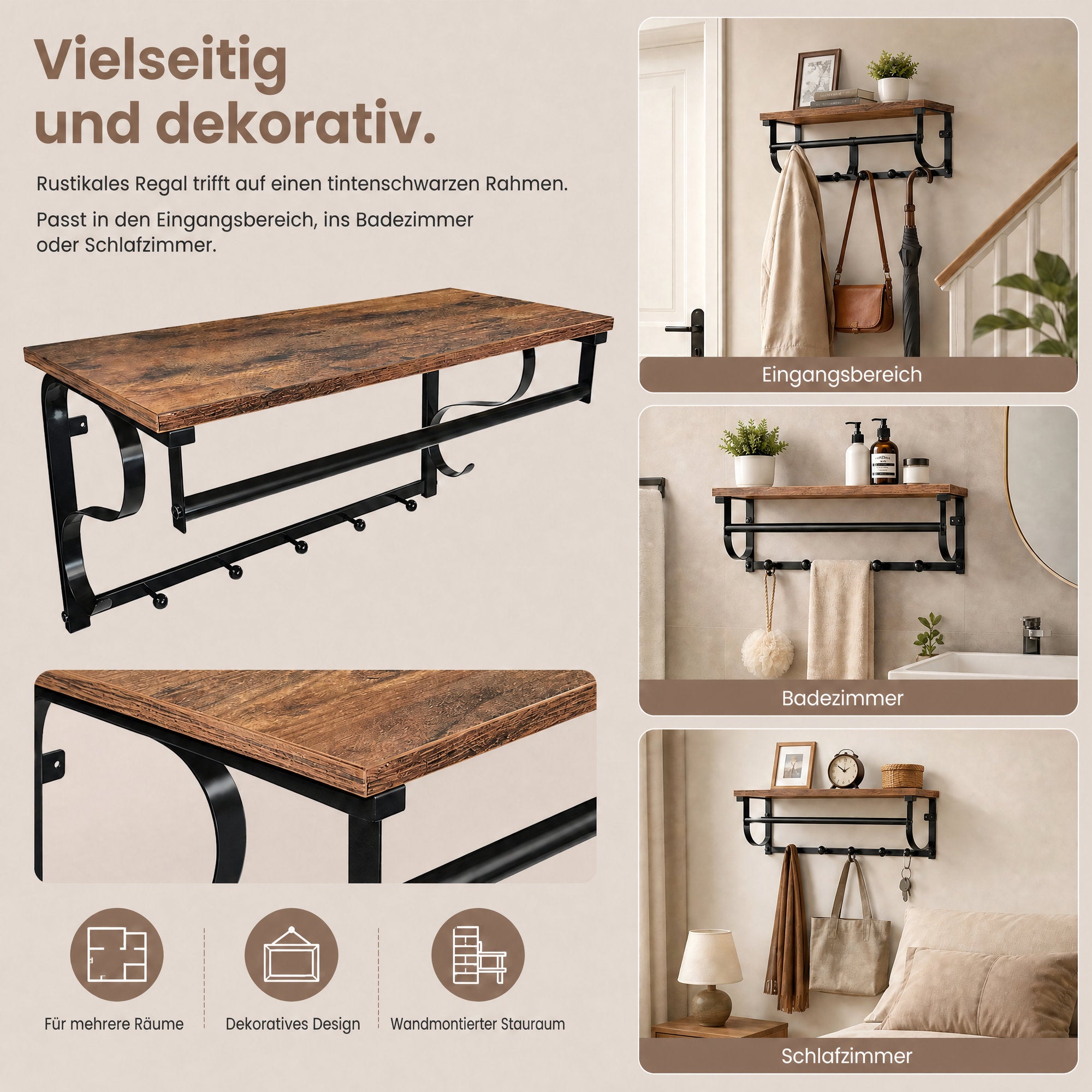 Wandgarderobe, Wandregal mit 5 Haken und Ablage, Hakenleiste mit Hängestange