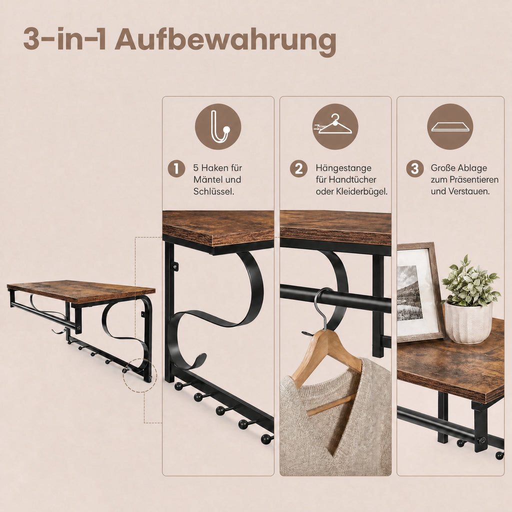 Wandgarderobe, Wandregal mit 5 Haken und Ablage, Hakenleiste mit Hängestange