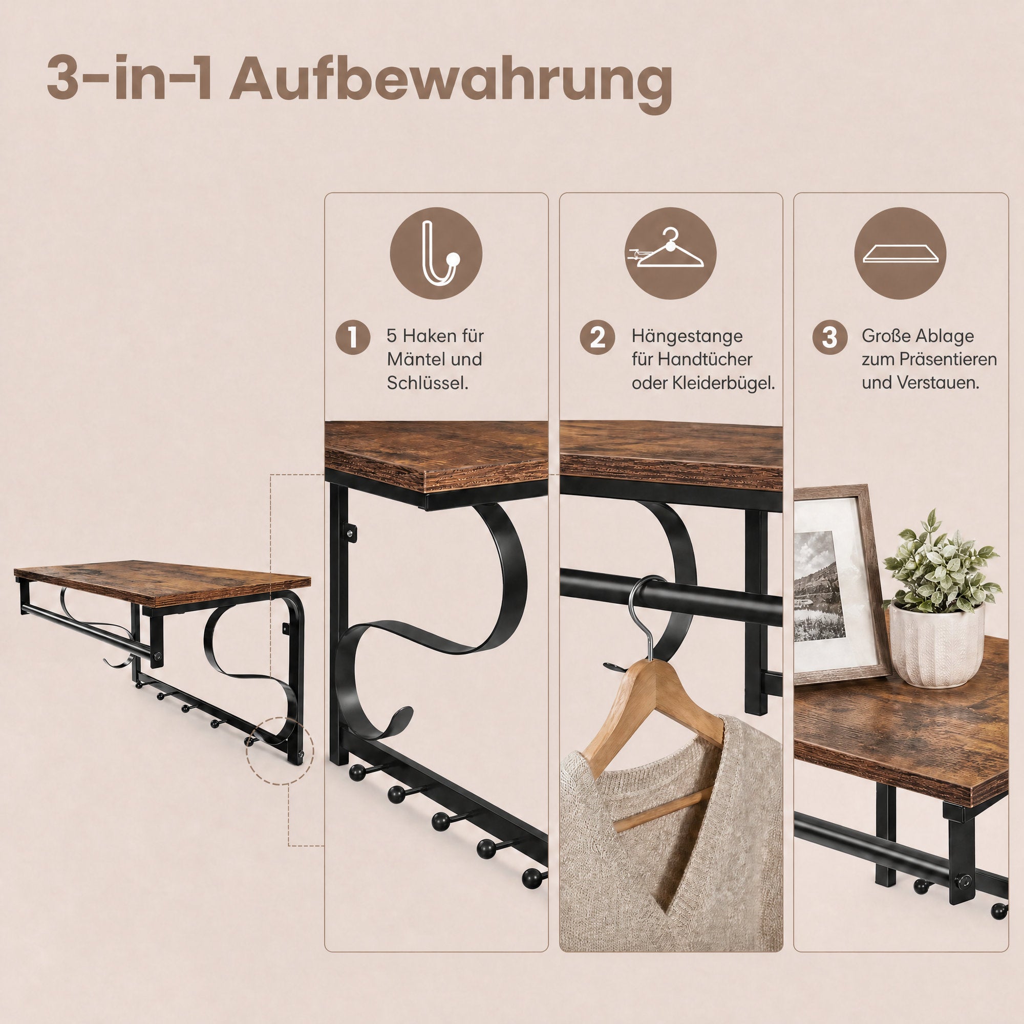 Wandgarderobe, Wandregal mit 5 Haken und Ablage, Hakenleiste mit Hängestange