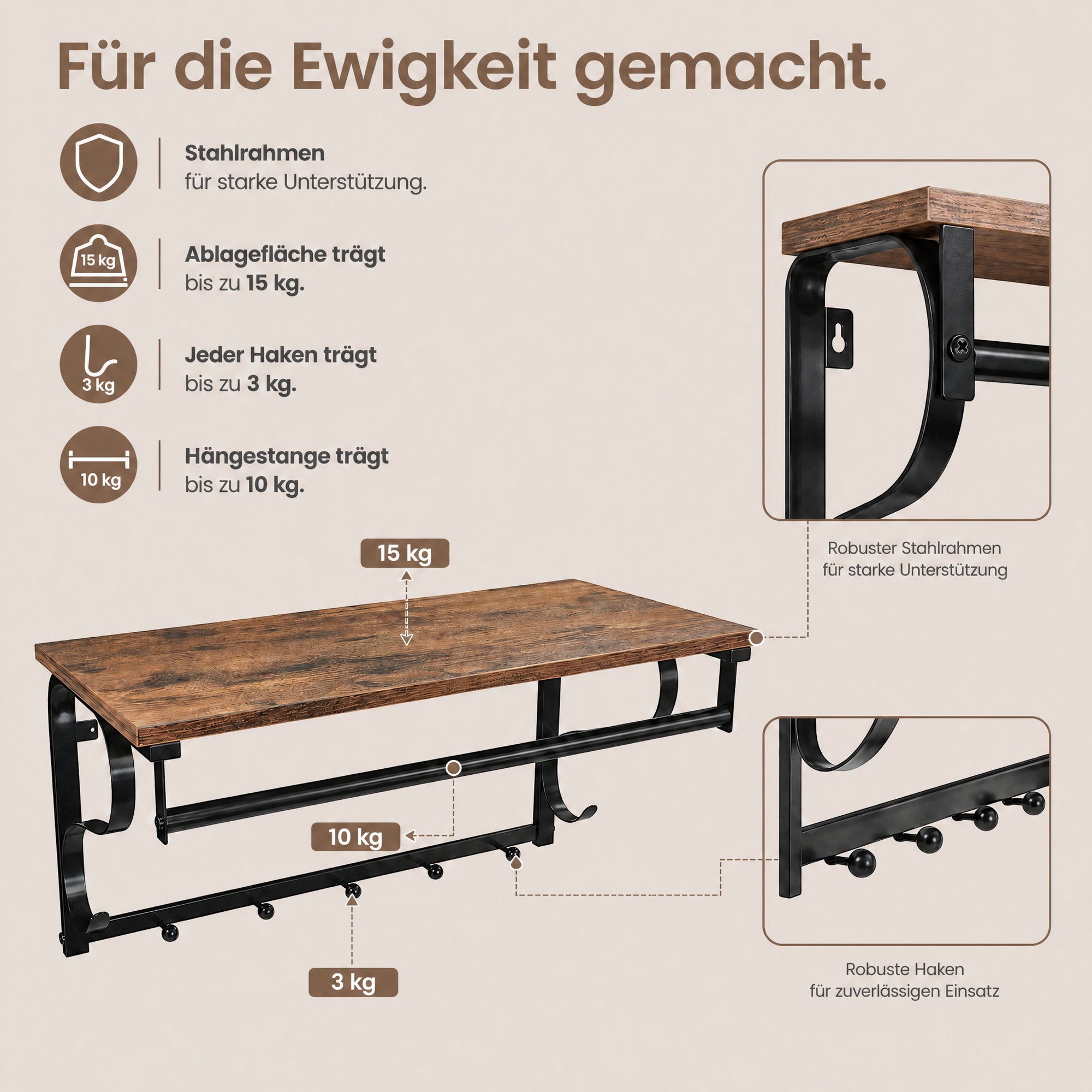 Wandgarderobe, Wandregal mit 5 Haken und Ablage, Hakenleiste mit Hängestange