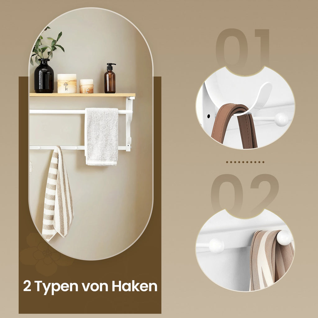 Wandgarderobe, Wandregal mit 5 Haken und Ablage, Hakenleiste mit Hängestange