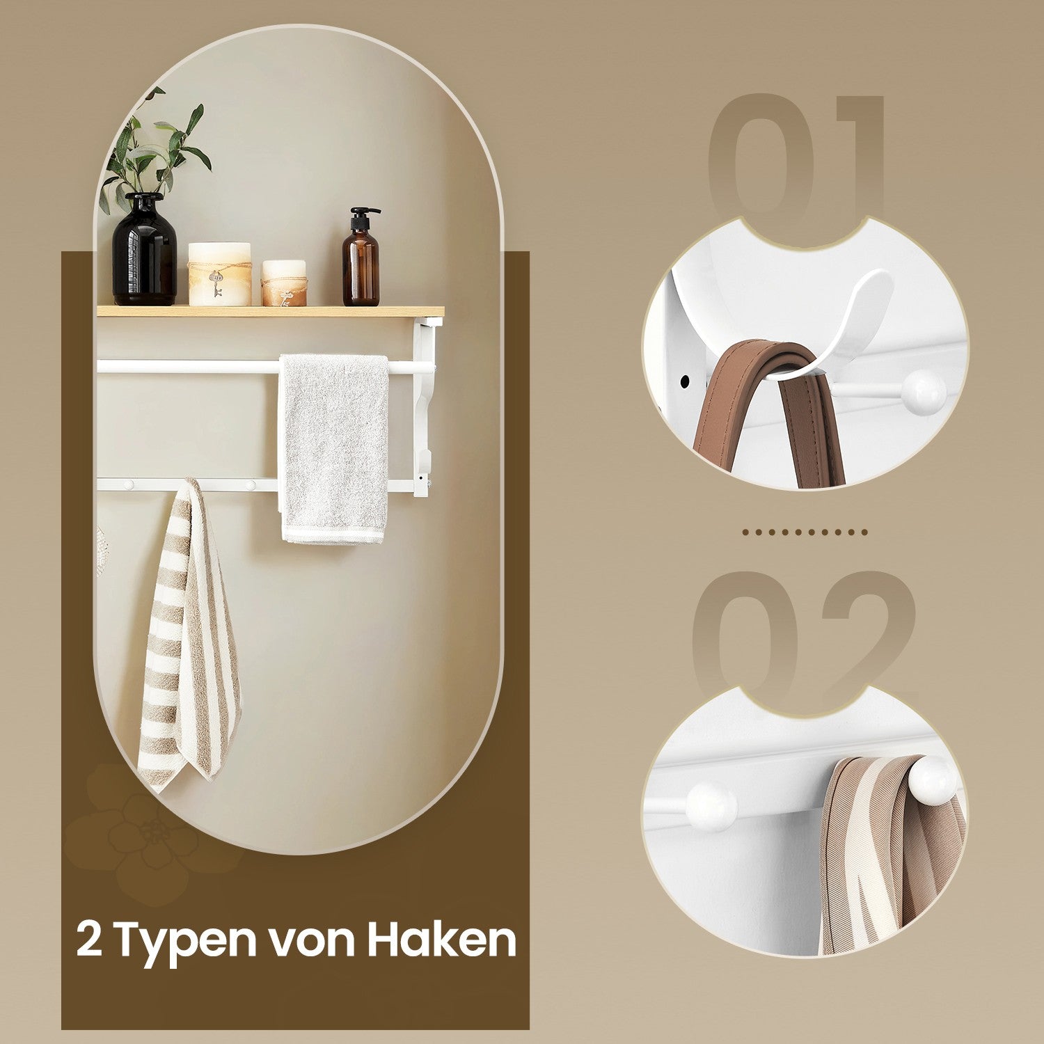 Wandgarderobe, Wandregal mit 5 Haken und Ablage, Hakenleiste mit Hängestange