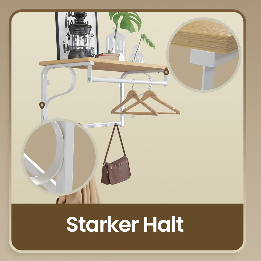 Wandgarderobe, Wandregal mit 5 Haken und Ablage, Hakenleiste mit Hängestange