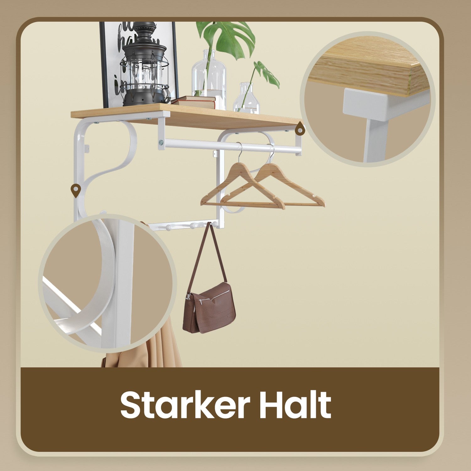 Wandgarderobe, Wandregal mit 5 Haken und Ablage, Hakenleiste mit Hängestange