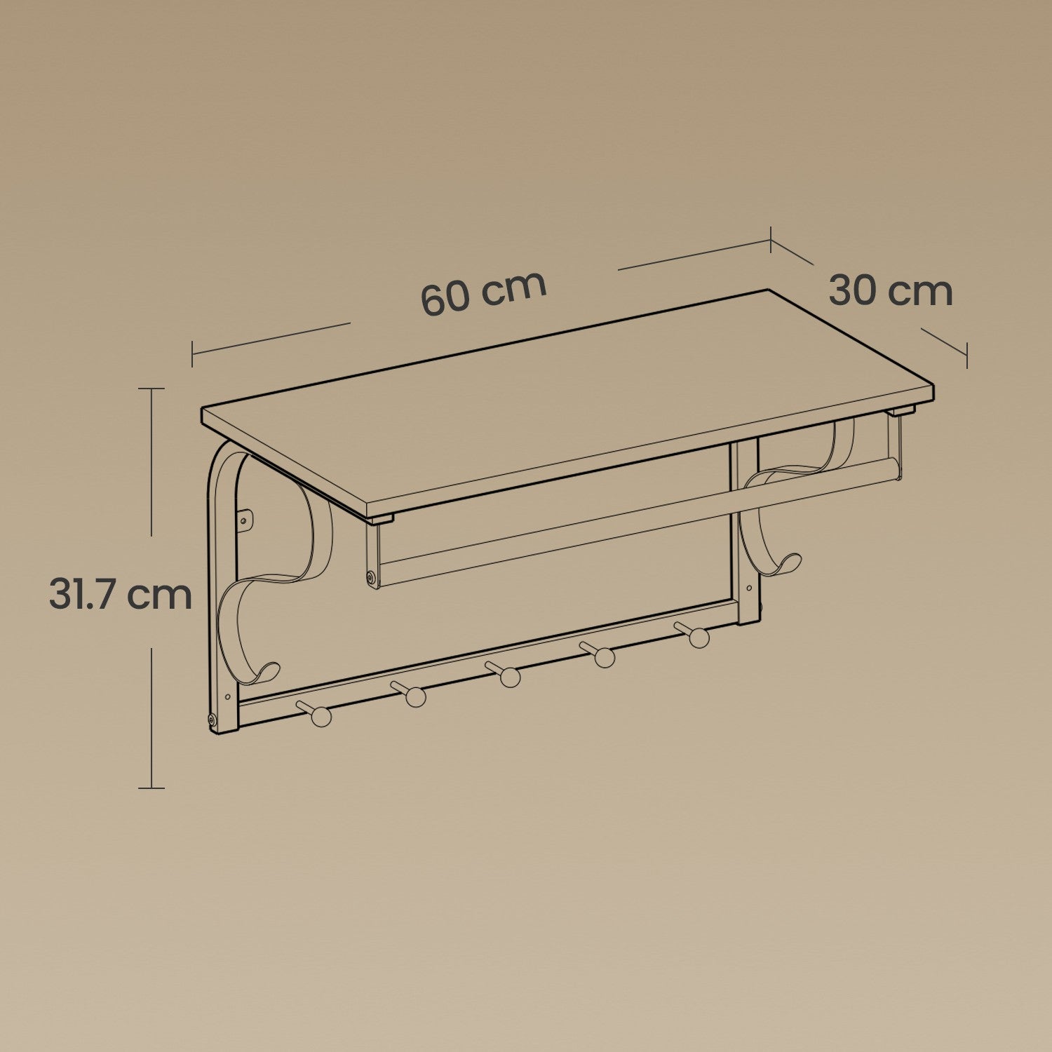 Wandgarderobe, Wandregal mit 5 Haken und Ablage, Hakenleiste mit Hängestange