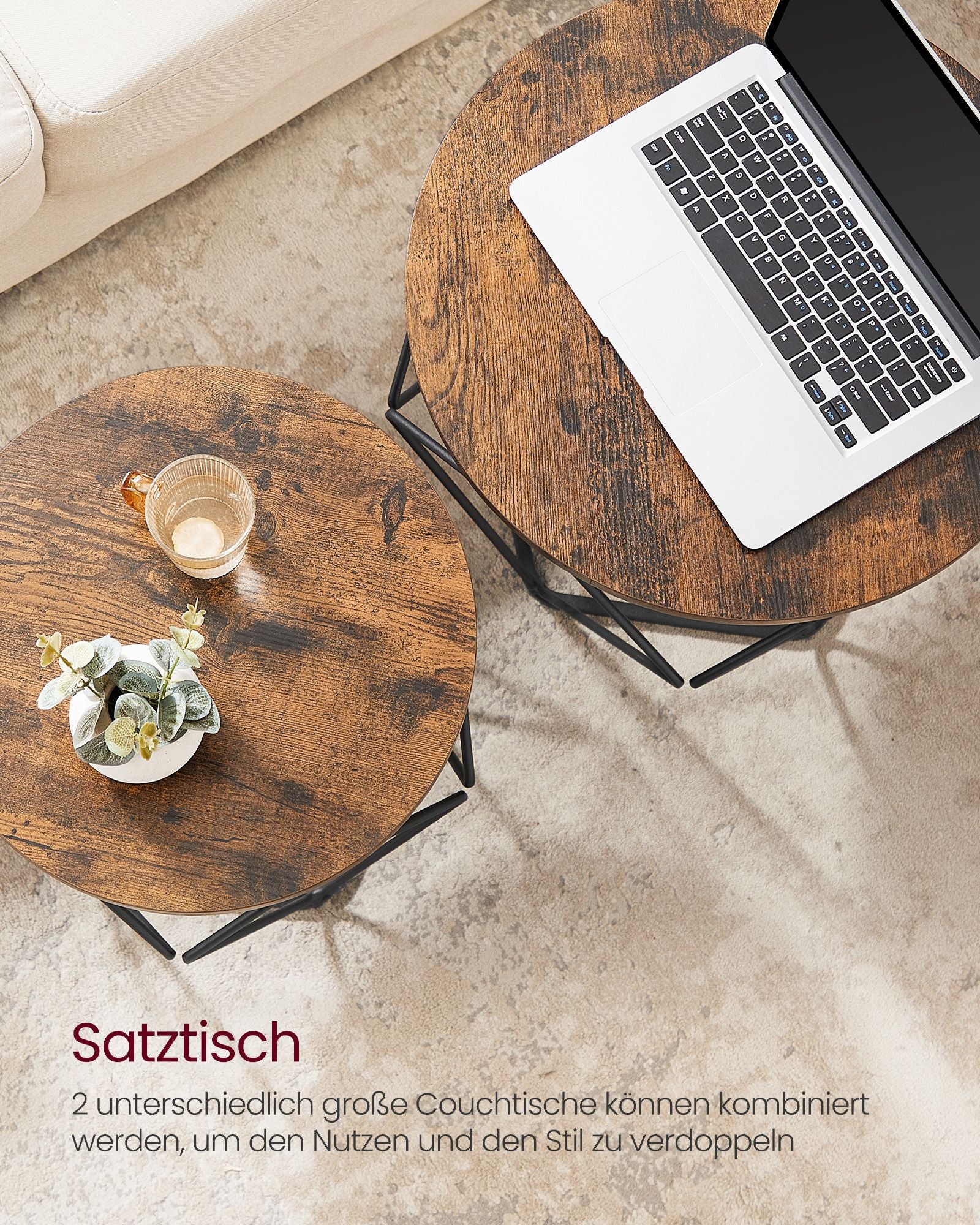 Couchtisch rund 2er Set Vintage-Flair vintagebraun-tintenschwarz