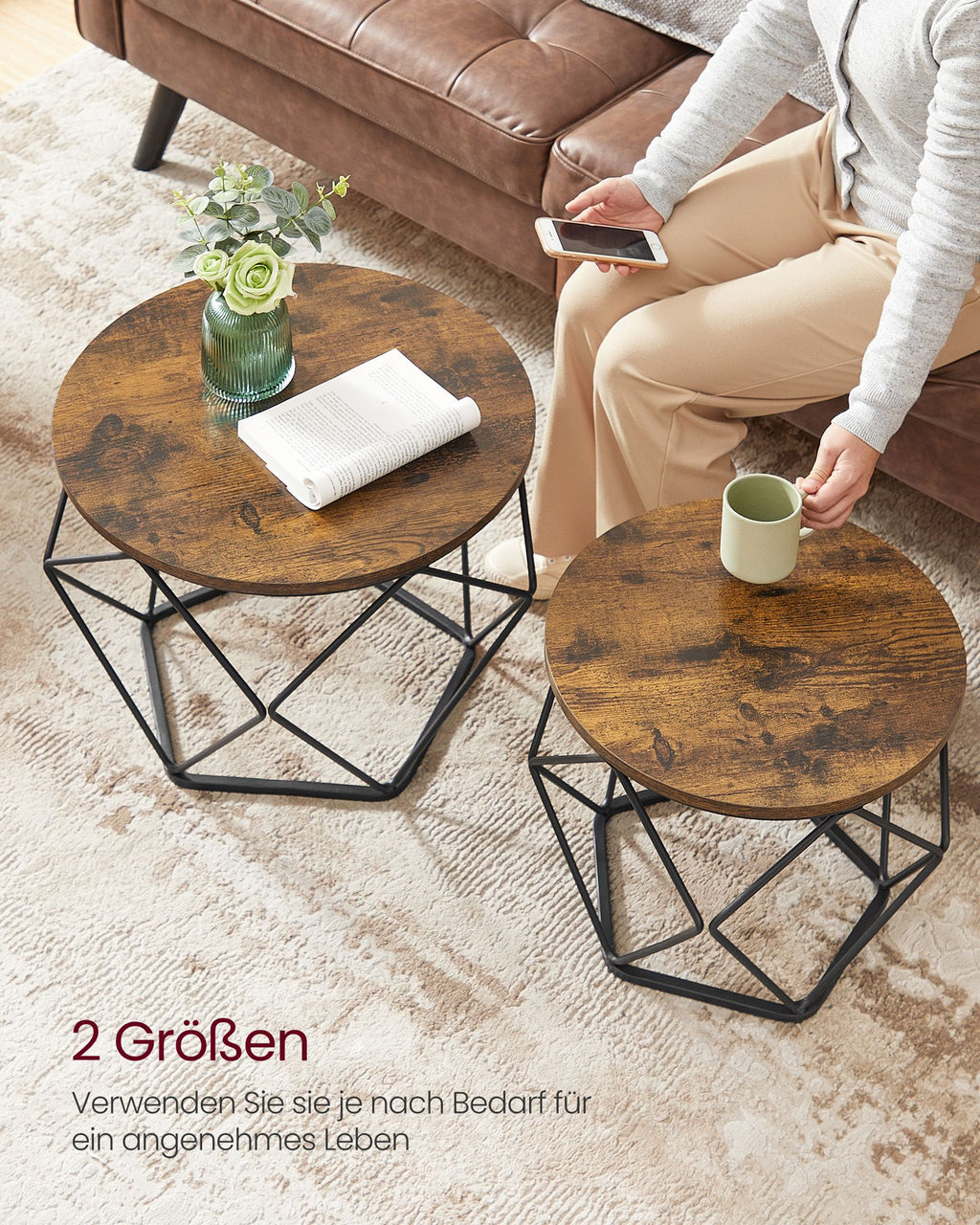 Couchtisch rund 2er Set Vintage-Flair vintagebraun-tintenschwarz