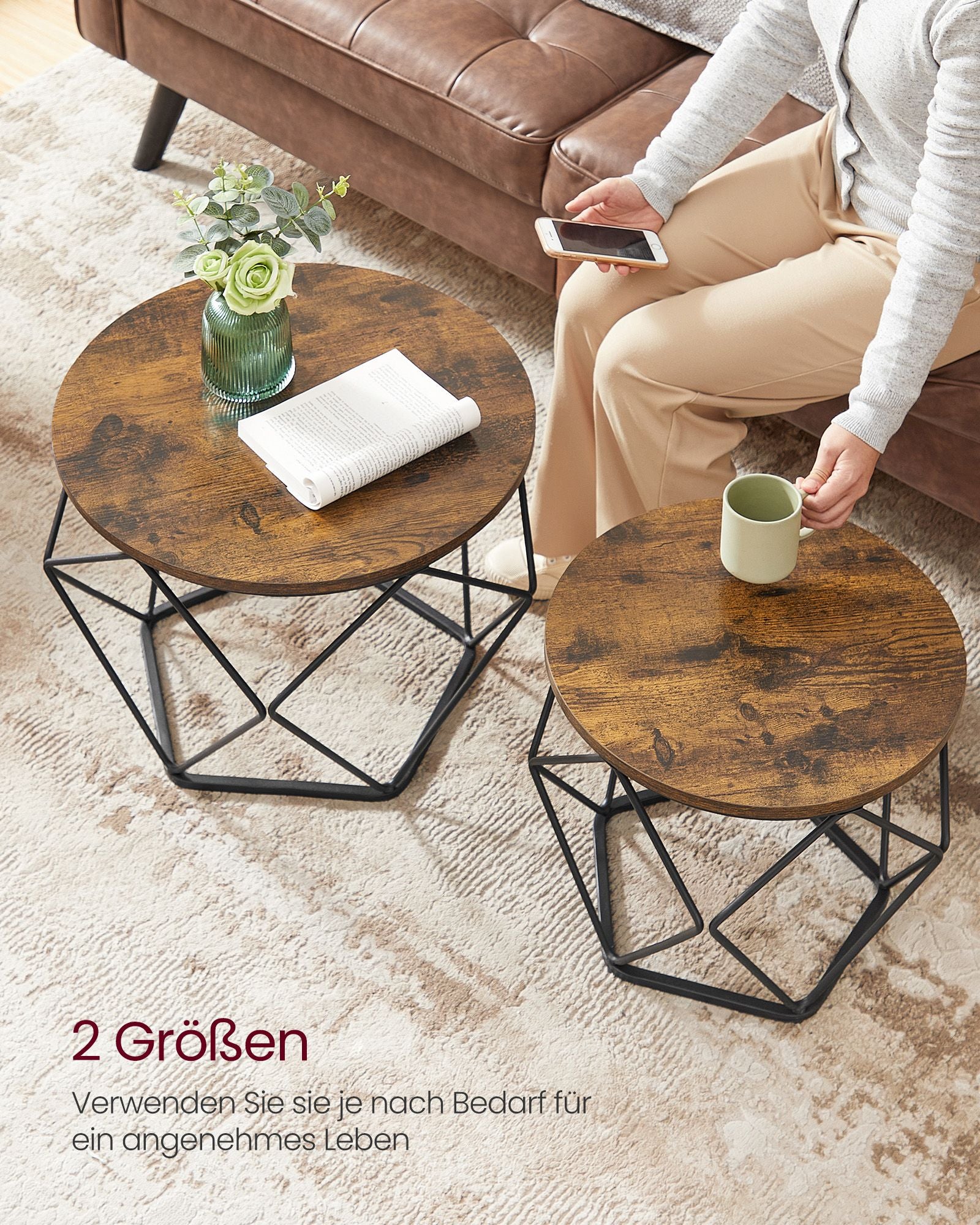 Couchtisch rund 2er Set Vintage-Flair vintagebraun-tintenschwarz