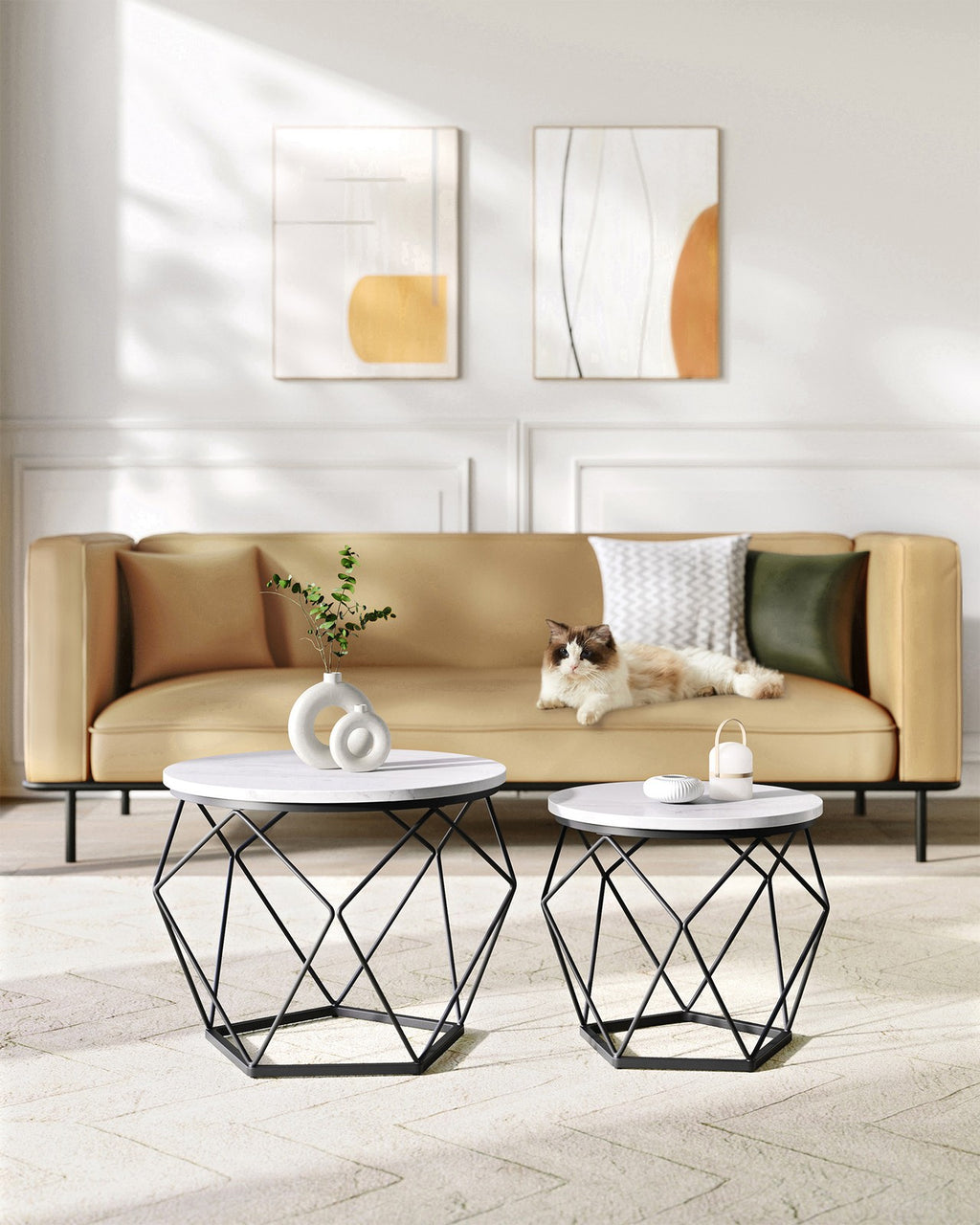 Couchtisch rund 2er Set modern marmorweiß-tintenschwarz