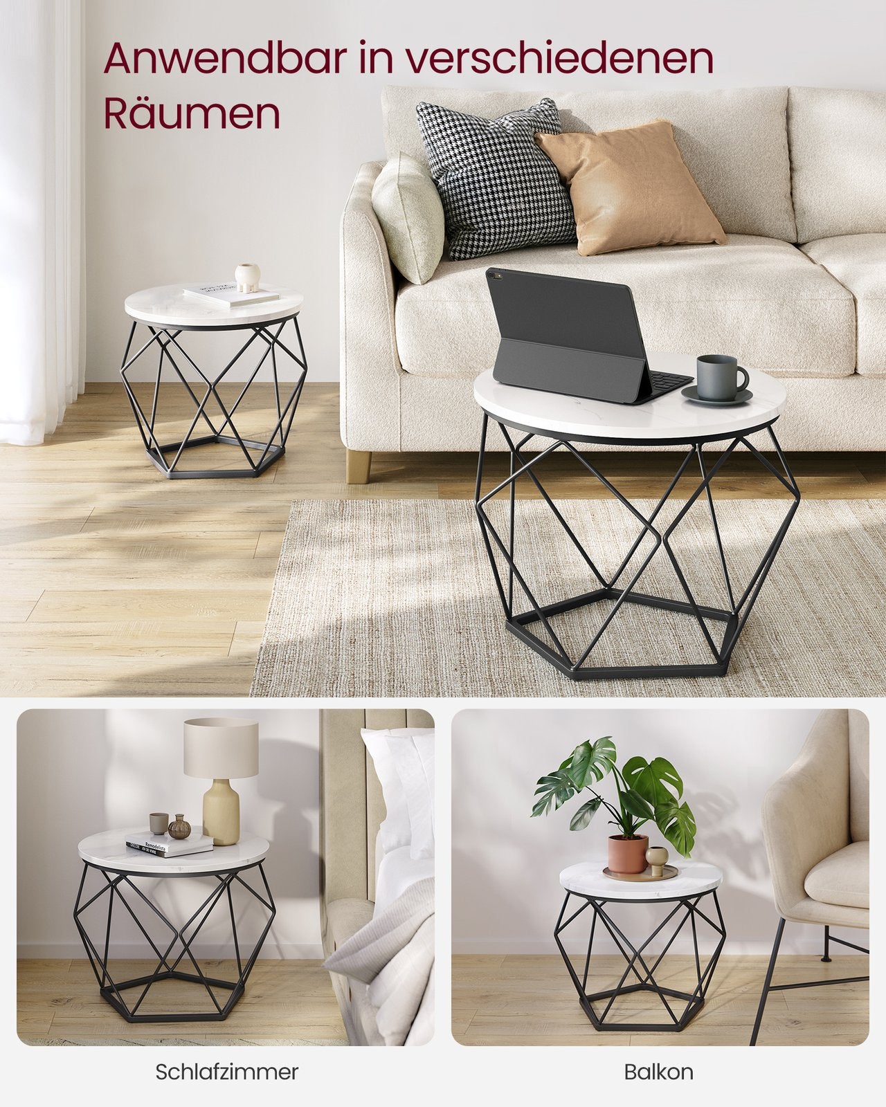Couchtisch rund 2er Set modern marmorweiß-tintenschwarz