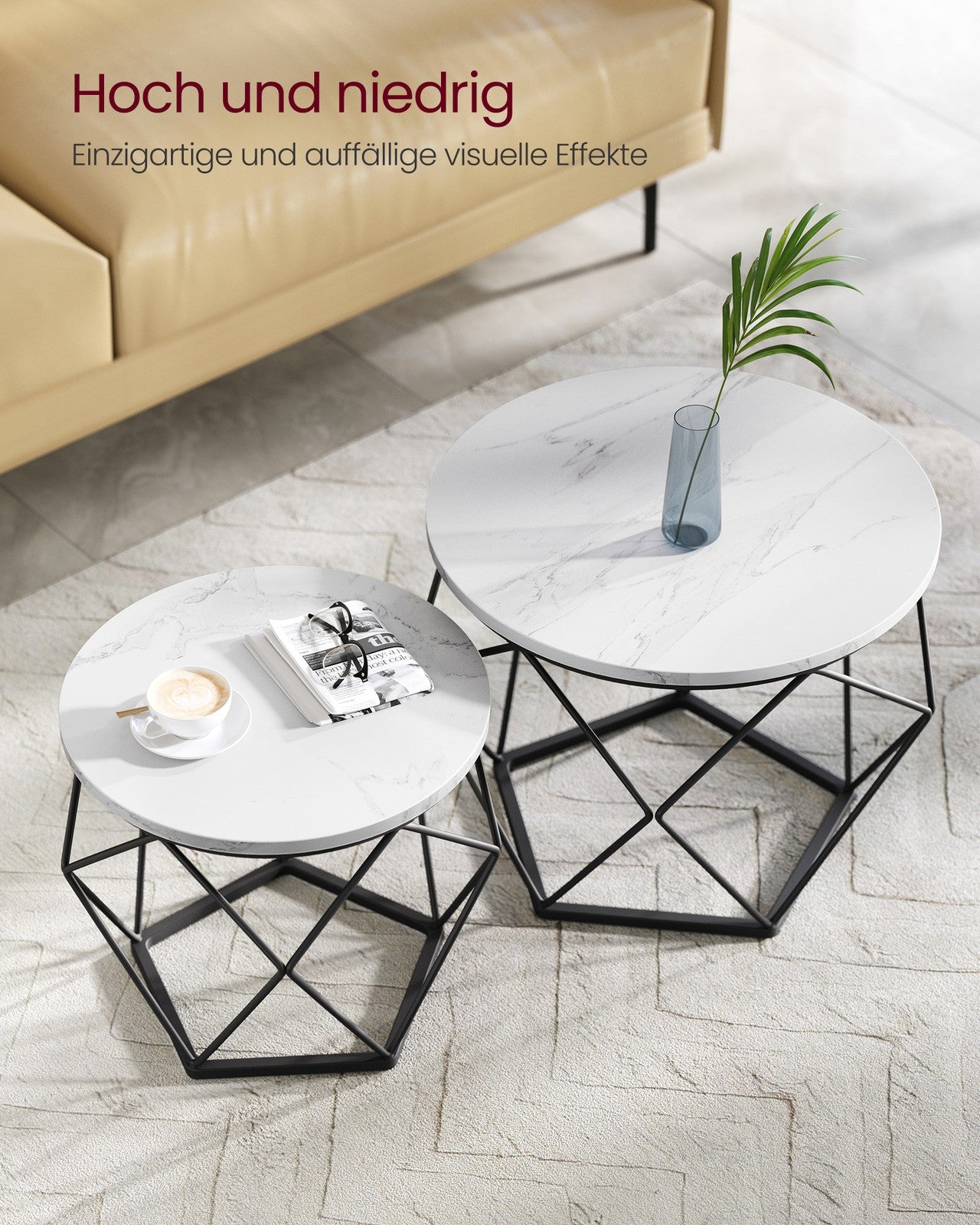 Couchtisch rund 2er Set modern marmorweiß-tintenschwarz