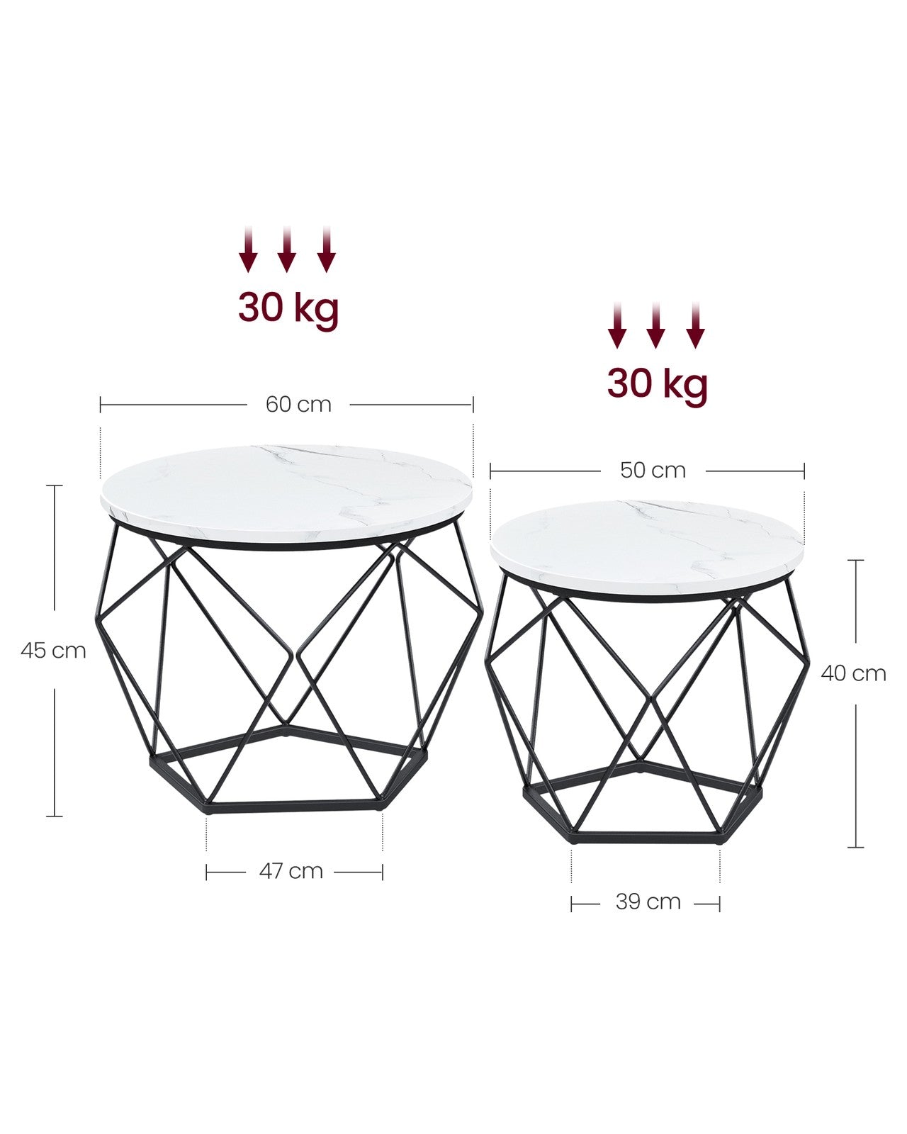 Couchtisch rund 2er Set modern marmorweiß-tintenschwarz