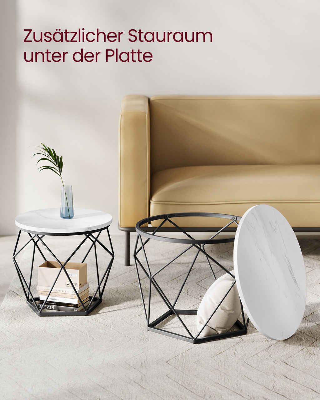 Couchtisch rund 2er Set modern marmorweiß-tintenschwarz