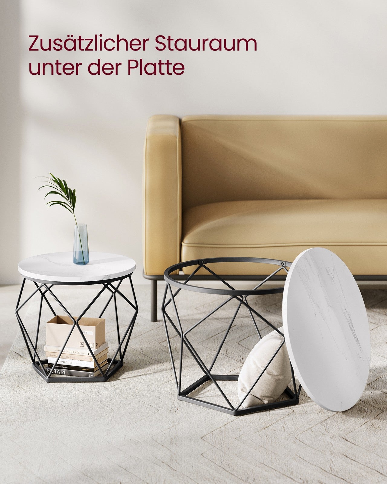 Couchtisch rund 2er Set modern marmorweiß-tintenschwarz