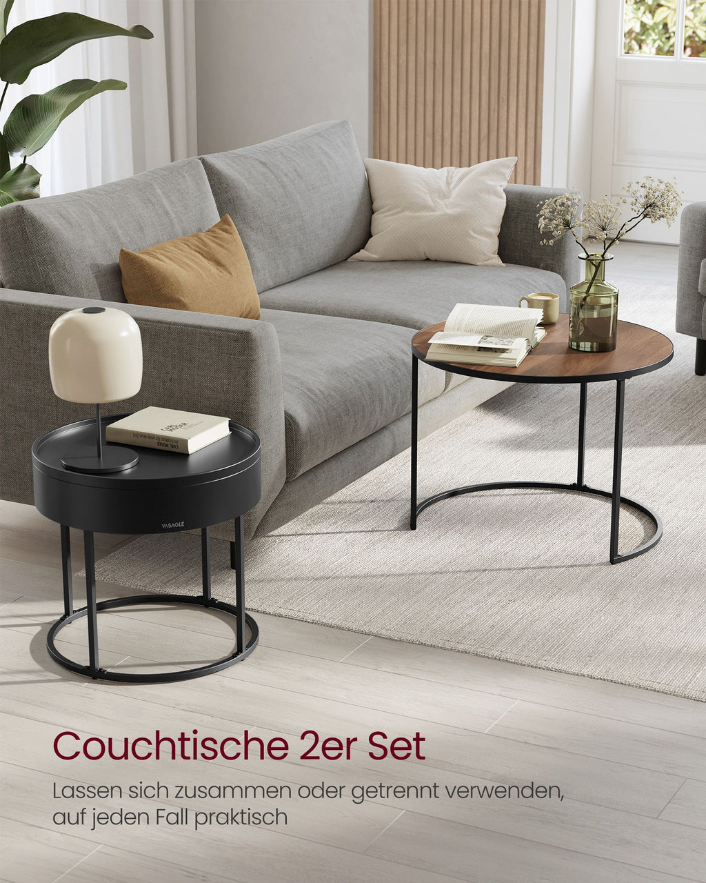 Couchtisch rund 2er Set naturwalnussfarben-tintenschwarz