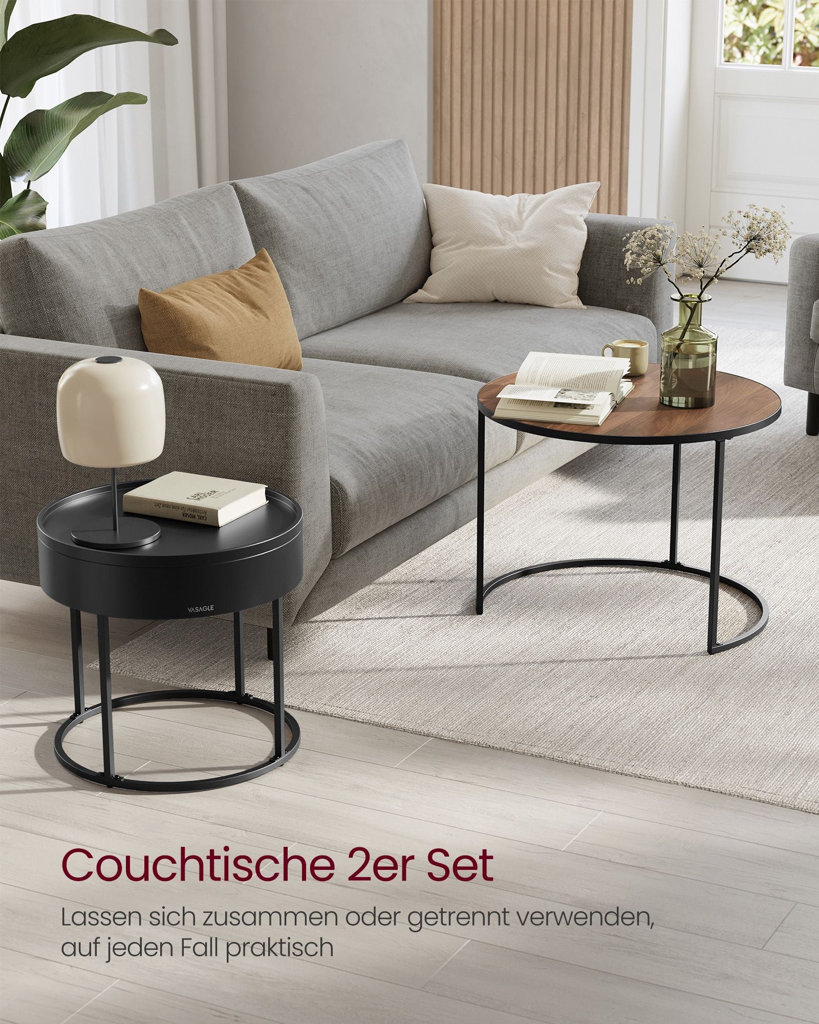 Couchtisch rund 2er Set naturwalnussfarben-tintenschwarz