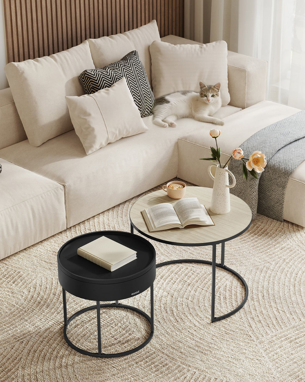 Couchtisch rund 2er Set naturbeige-tintenschwarz