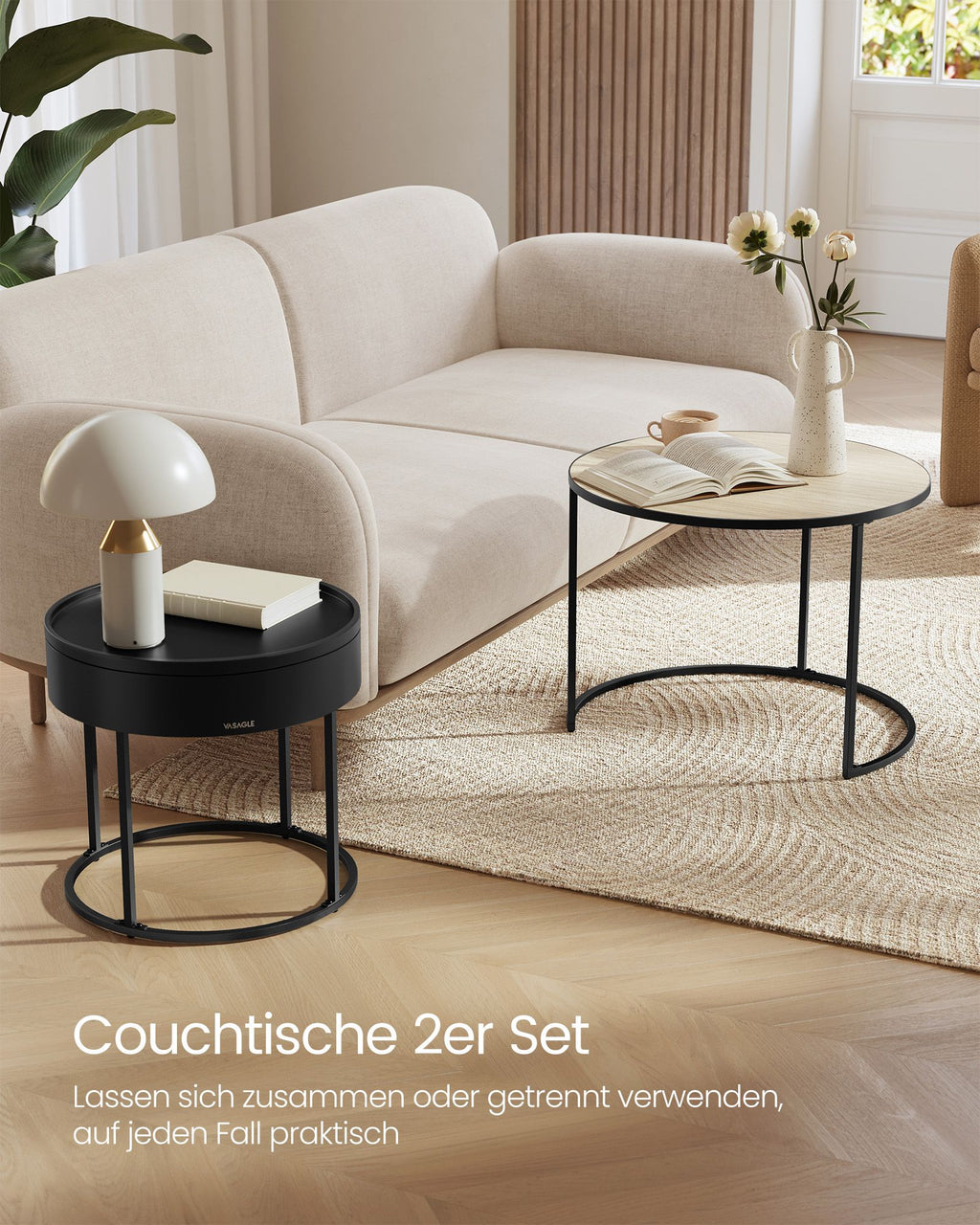 Couchtisch rund 2er Set naturbeige-tintenschwarz