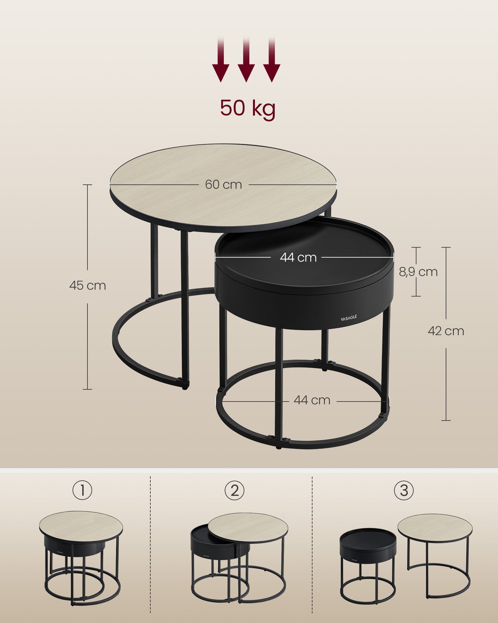 Couchtisch rund 2er Set naturbeige-tintenschwarz