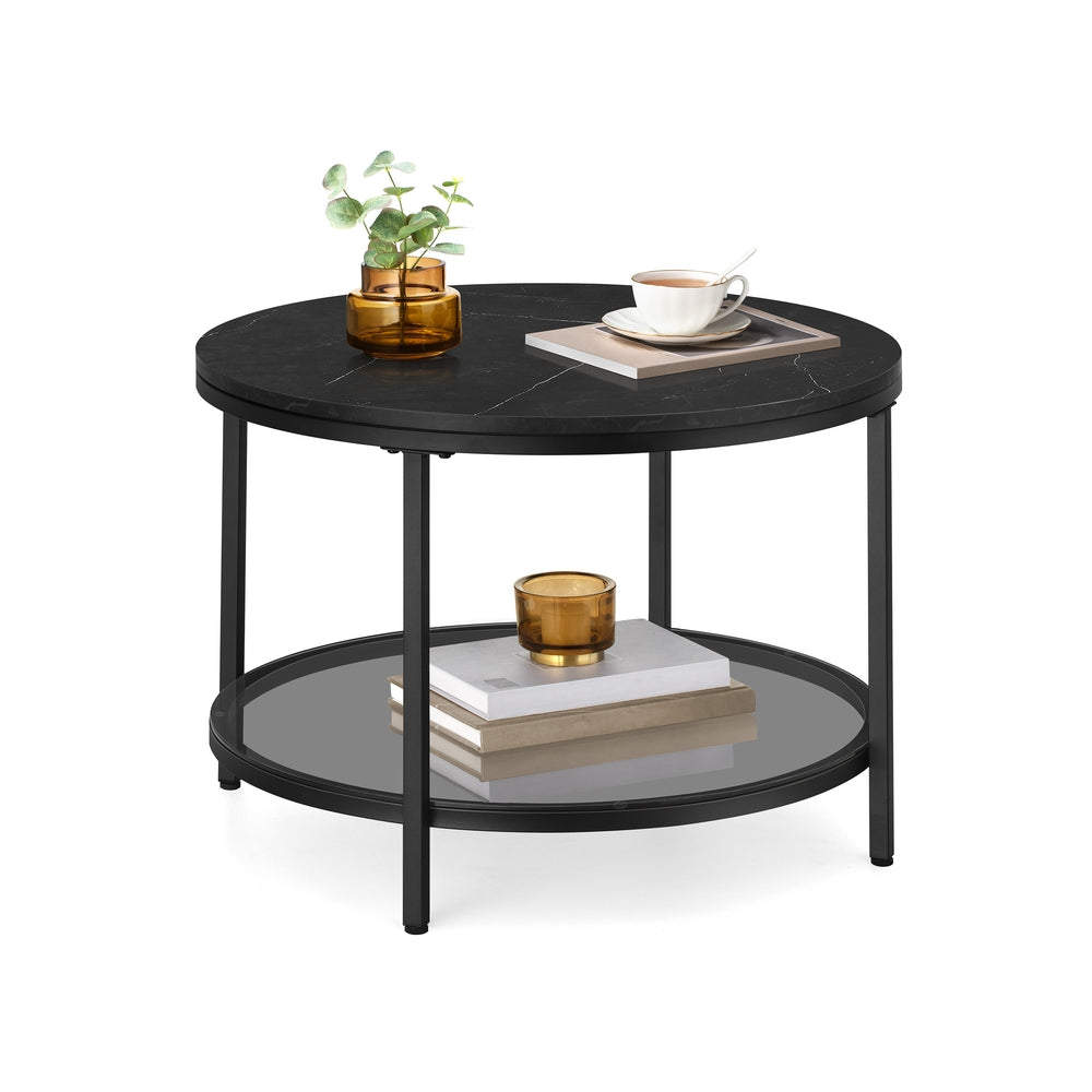 Couchtisch 2 Ebenen mit Glasplatte marmorschwarz-tintenschwarz