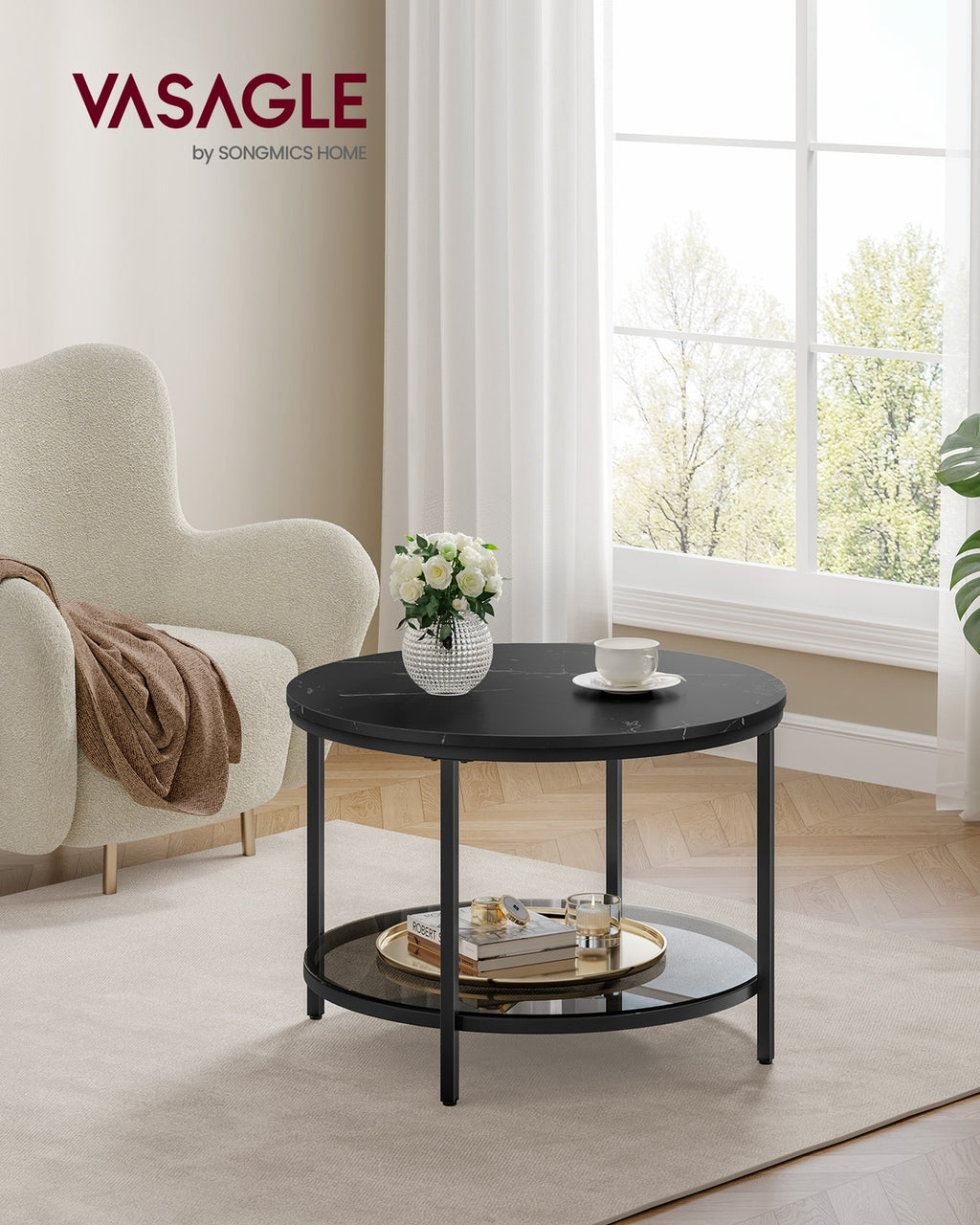 Couchtisch 2 Ebenen mit Glasplatte marmorschwarz-tintenschwarz