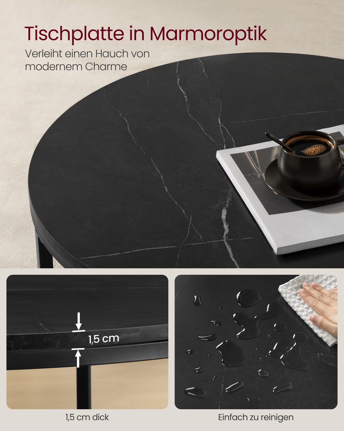 Couchtisch 2 Ebenen mit Glasplatte marmorschwarz-tintenschwarz