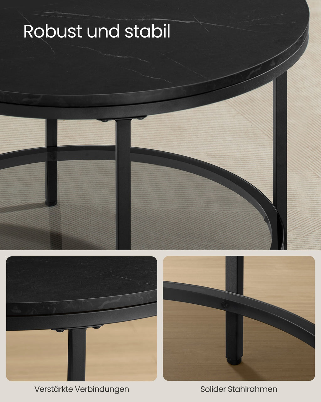 Couchtisch 2 Ebenen mit Glasplatte marmorschwarz-tintenschwarz